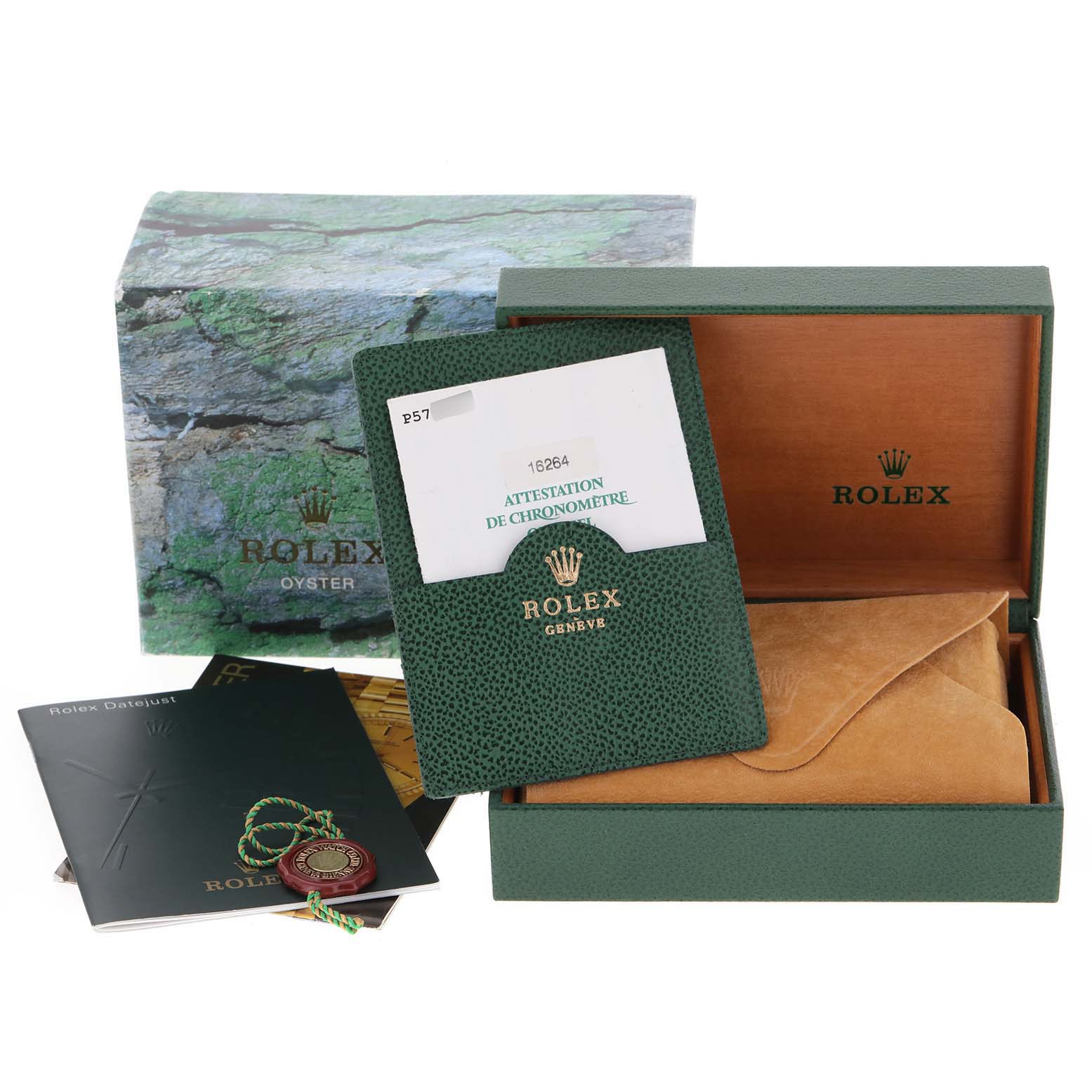 The image shows the packaging, manuals, and a certificate for a Rolex Turn-o-Graph 16264 Men's Stainless Steel Black Dial 16264 Men's Stainless Steel Black Dial watch from a front angle.