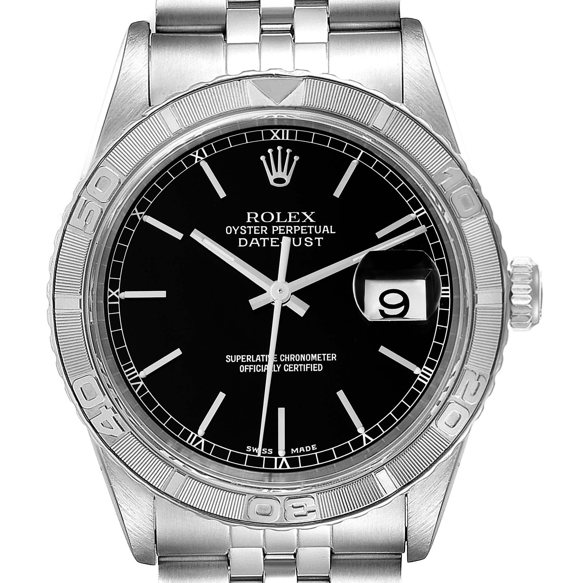 The image shows a frontal view of a Rolex Turn-o-Graph 16264 Men's Stainless Steel Black Dial 16264 Men's Stainless Steel Black Dial watch, highlighting its black dial, date window, and stainless steel bracelet.