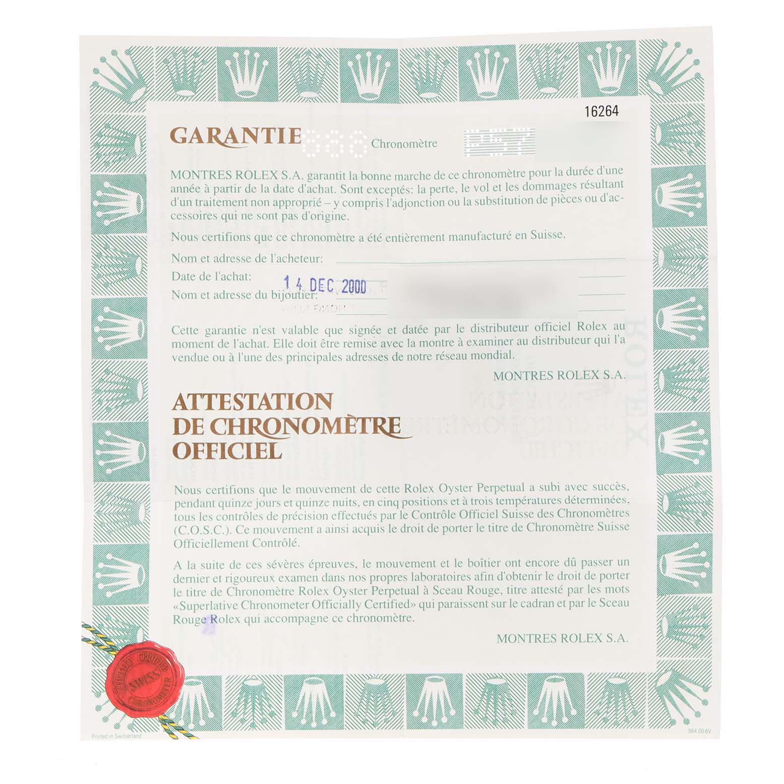 The image shows the warranty and certification document for a Rolex Turn-o-Graph 16264 Men's Stainless Steel Black Dial 16264 Men's Stainless Steel Black Dial watch, dated Dec 14, 2000.