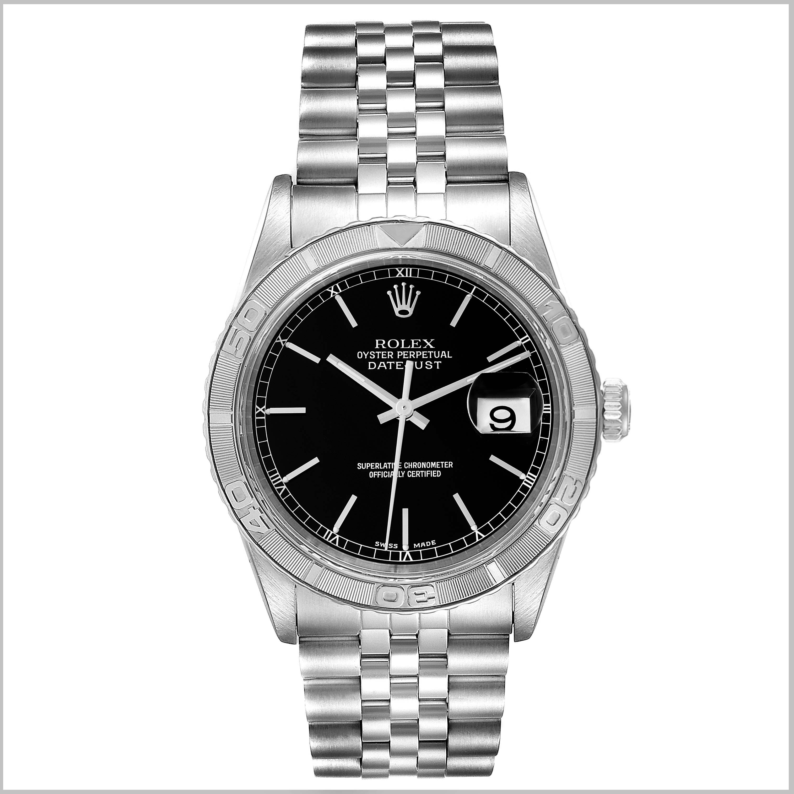 The Rolex Turn-o-Graph 16264 Men's Stainless Steel Black Dial 16264 Men's Stainless Steel Black Dial model is shown from the front, displaying the dial, bezel, date window, and bracelet.