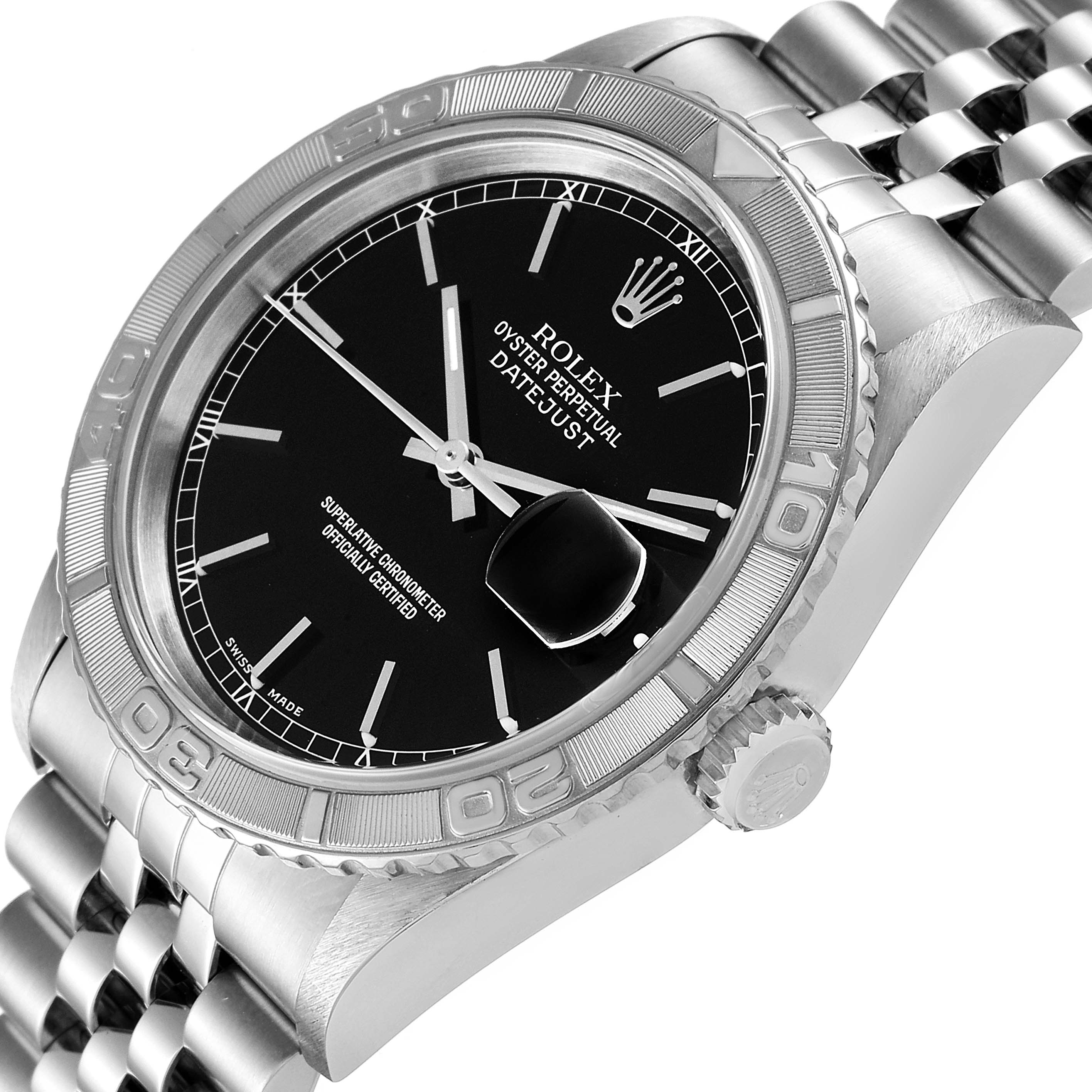 The image shows a close-up, angled view of a Rolex Turn-o-Graph 16264 Men's Stainless Steel Black Dial 16264 Men's Stainless Steel Black Dial watch, highlighting the black dial, bezel, and part of the bracelet.