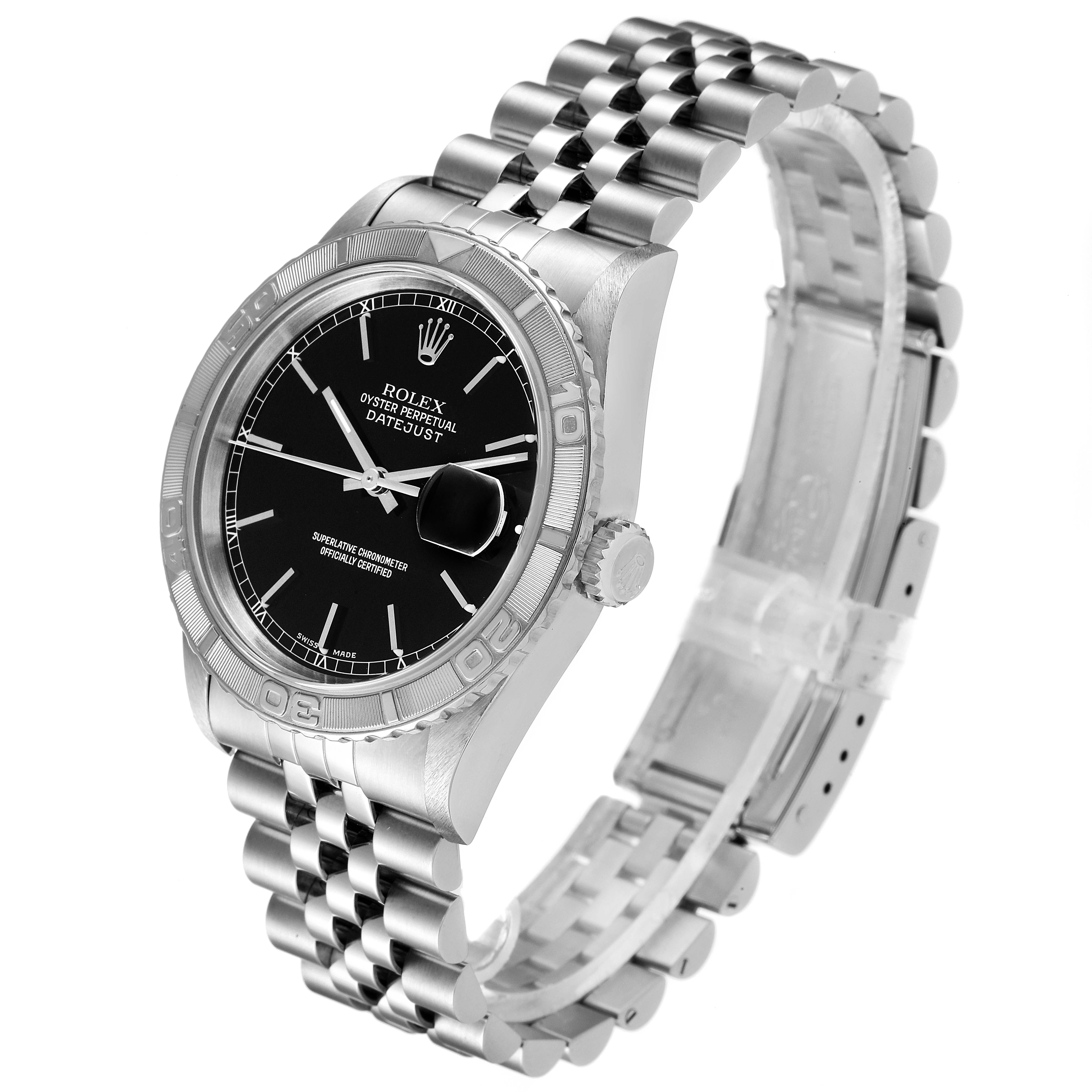 The image shows a side angle of a Rolex Turn-o-Graph 16264 Men's Stainless Steel Black Dial 16264 Men's Stainless Steel Black Dial watch, highlighting the bezel, dial, crown, and stainless steel bracelet.