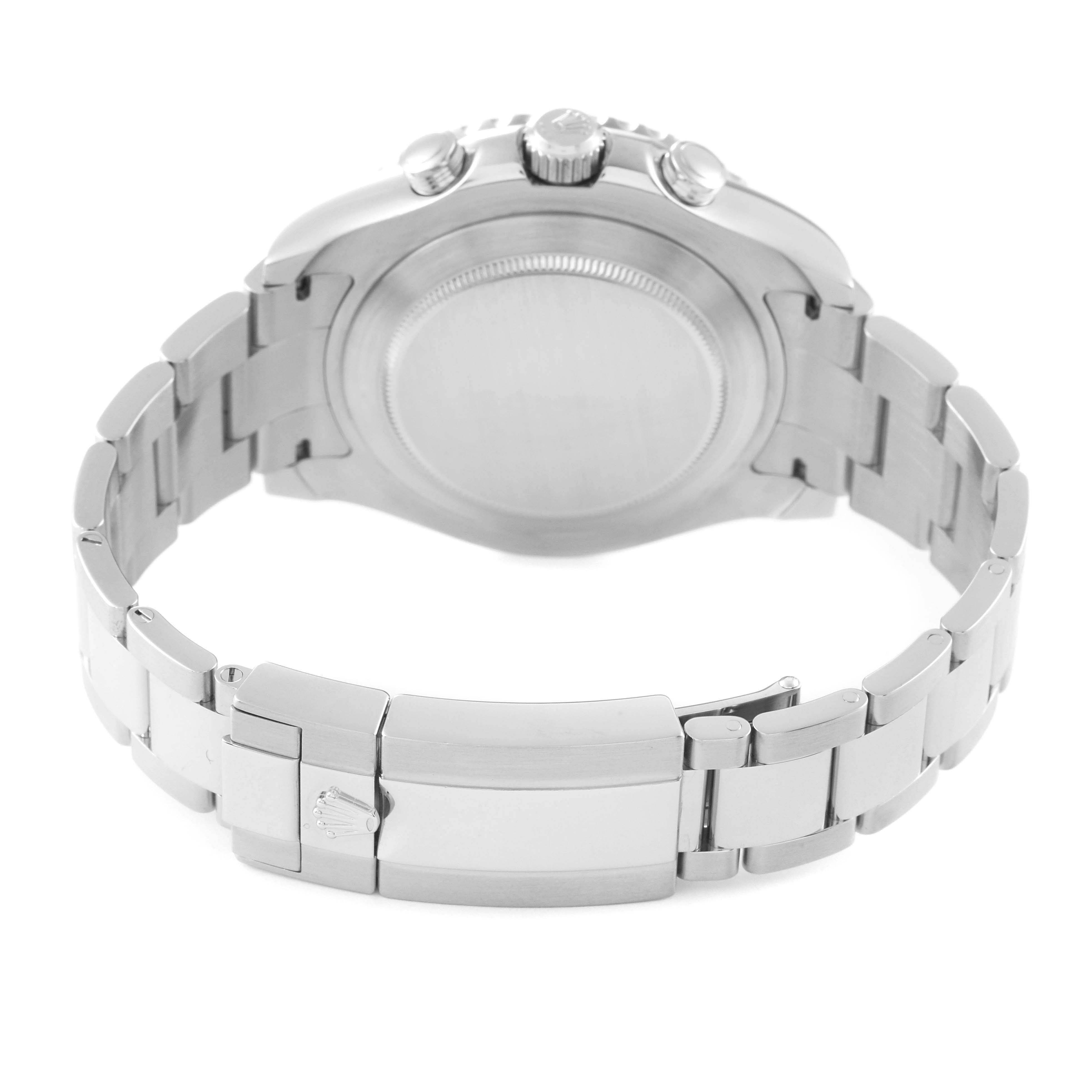 This image shows the back view, clasp, and part of the bracelet of a Rolex Yacht-Master 116680 Men
s Stainless Steel White Dial 116680 Men
s Stainless Steel White Dial watch.