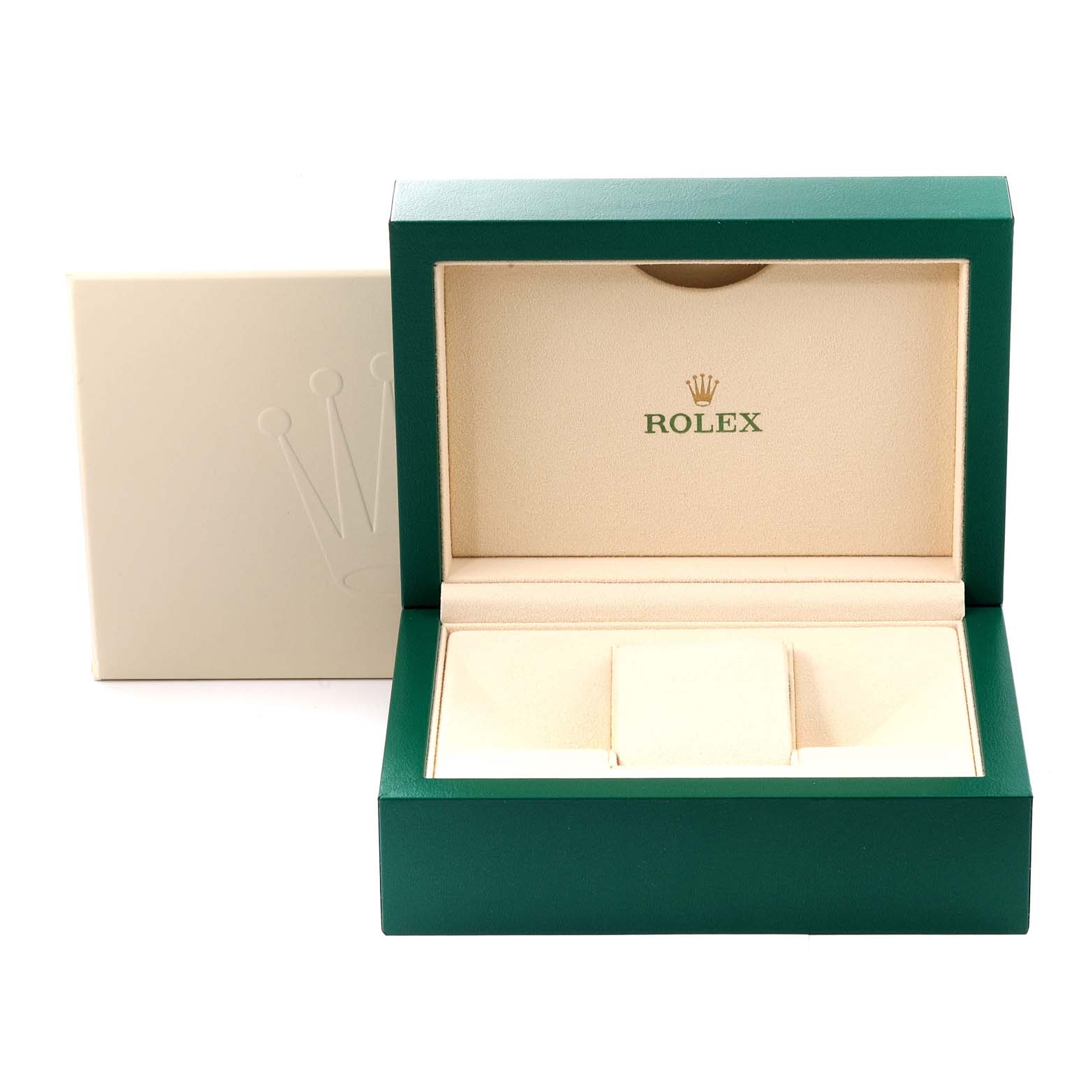 The image shows an empty green and beige Rolex watch box, designed for the Yacht-Master model.
