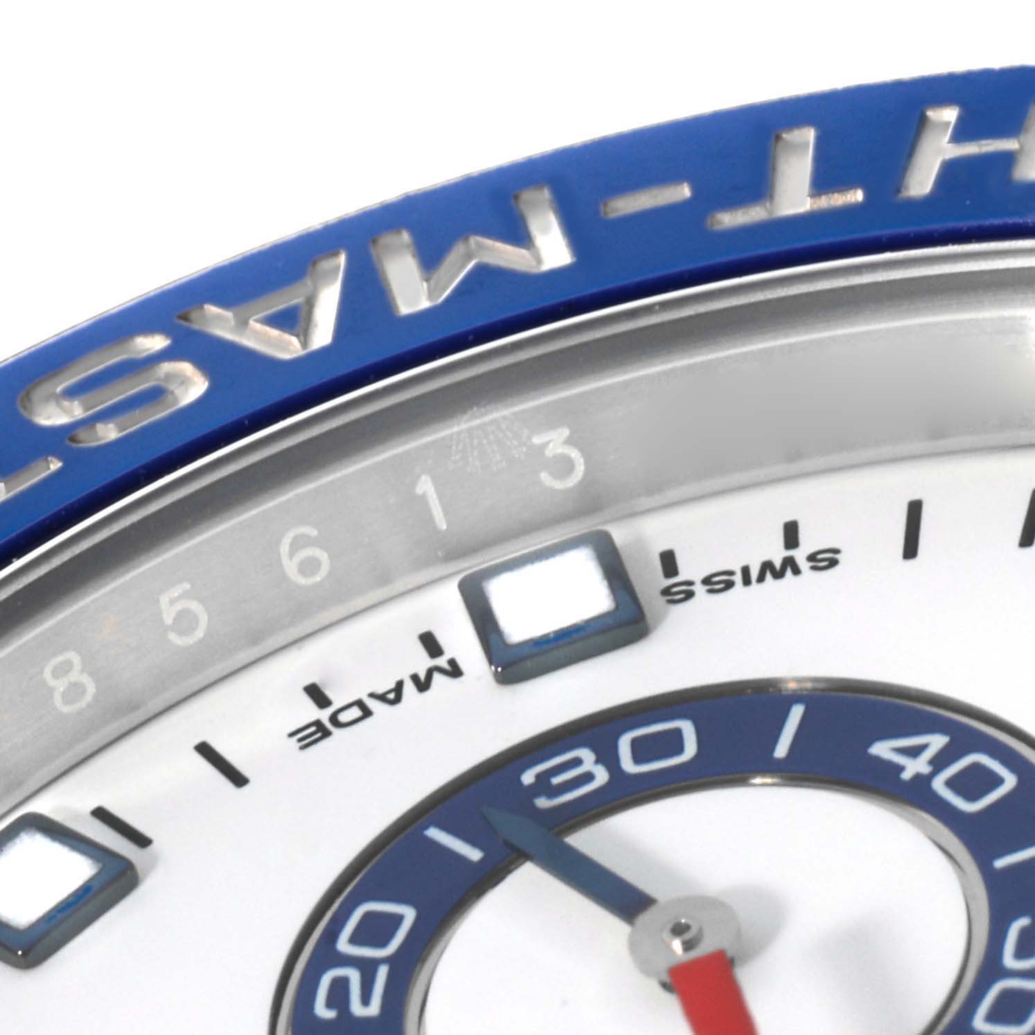 This image shows a close-up angle of the dial and part of the bezel of a Rolex Yacht-Master 116680 Men
s Stainless Steel White Dial 116680 Men
s Stainless Steel White Dial watch.