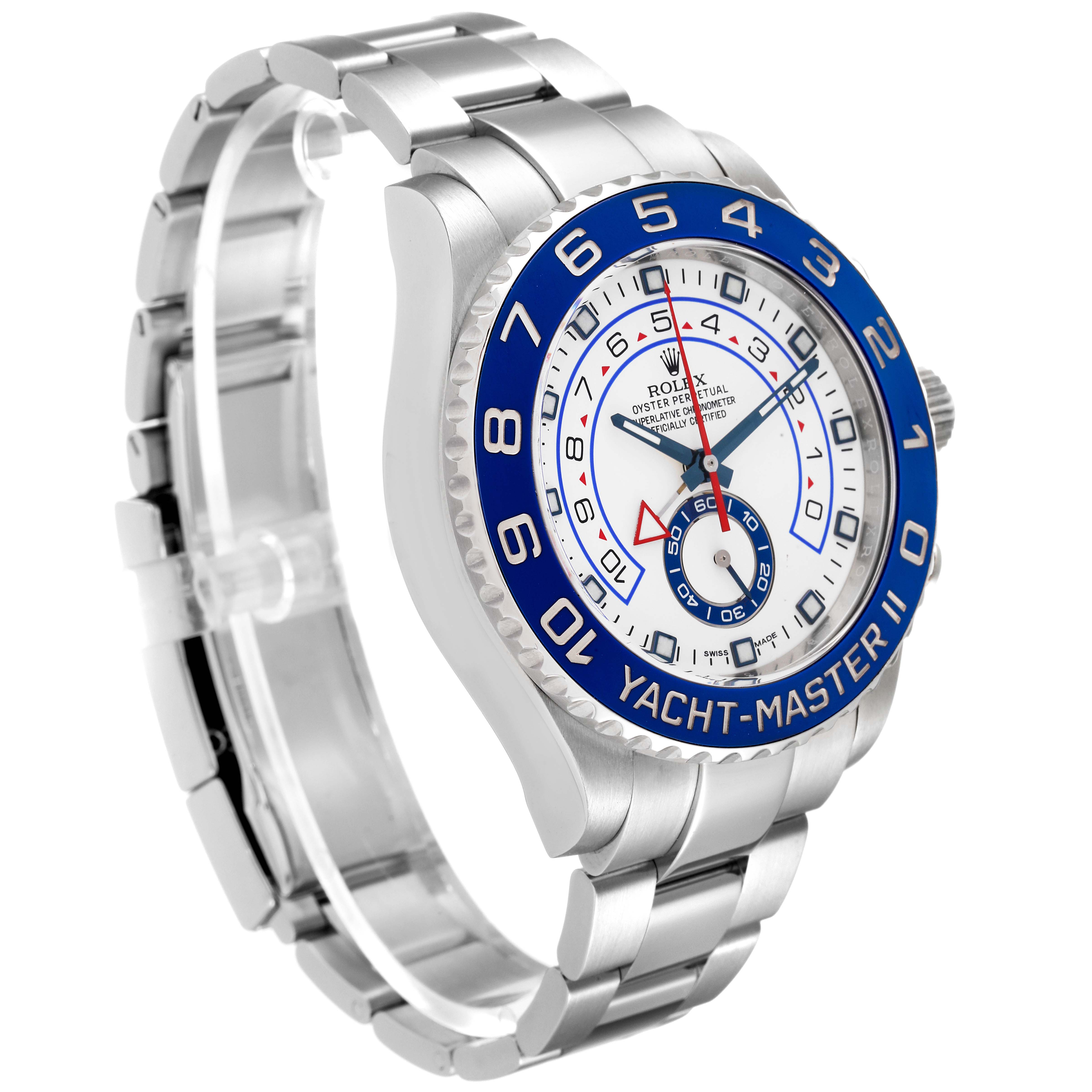 The Rolex Yacht-Master 116680 Men
s Stainless Steel White Dial 116680 Men
s Stainless Steel White Dial watch is shown from a front angle, highlighting the dial, bezel, and bracelet.