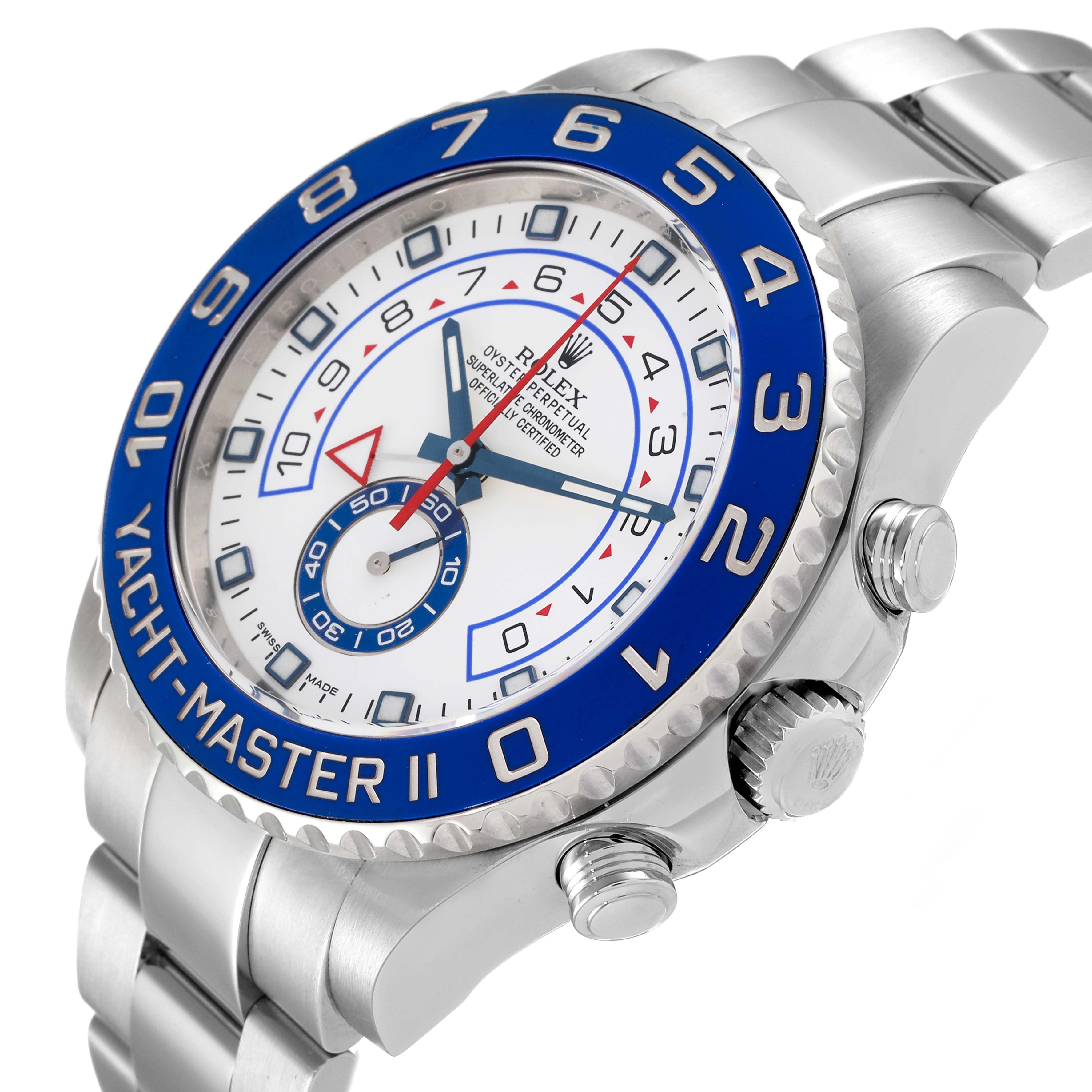 The image shows a Rolex Yacht-Master 116680 Men
s Stainless Steel White Dial 116680 Men
s Stainless Steel White Dial watch angled slightly from the side, displaying the dial, bezel, crown, and bracelet.