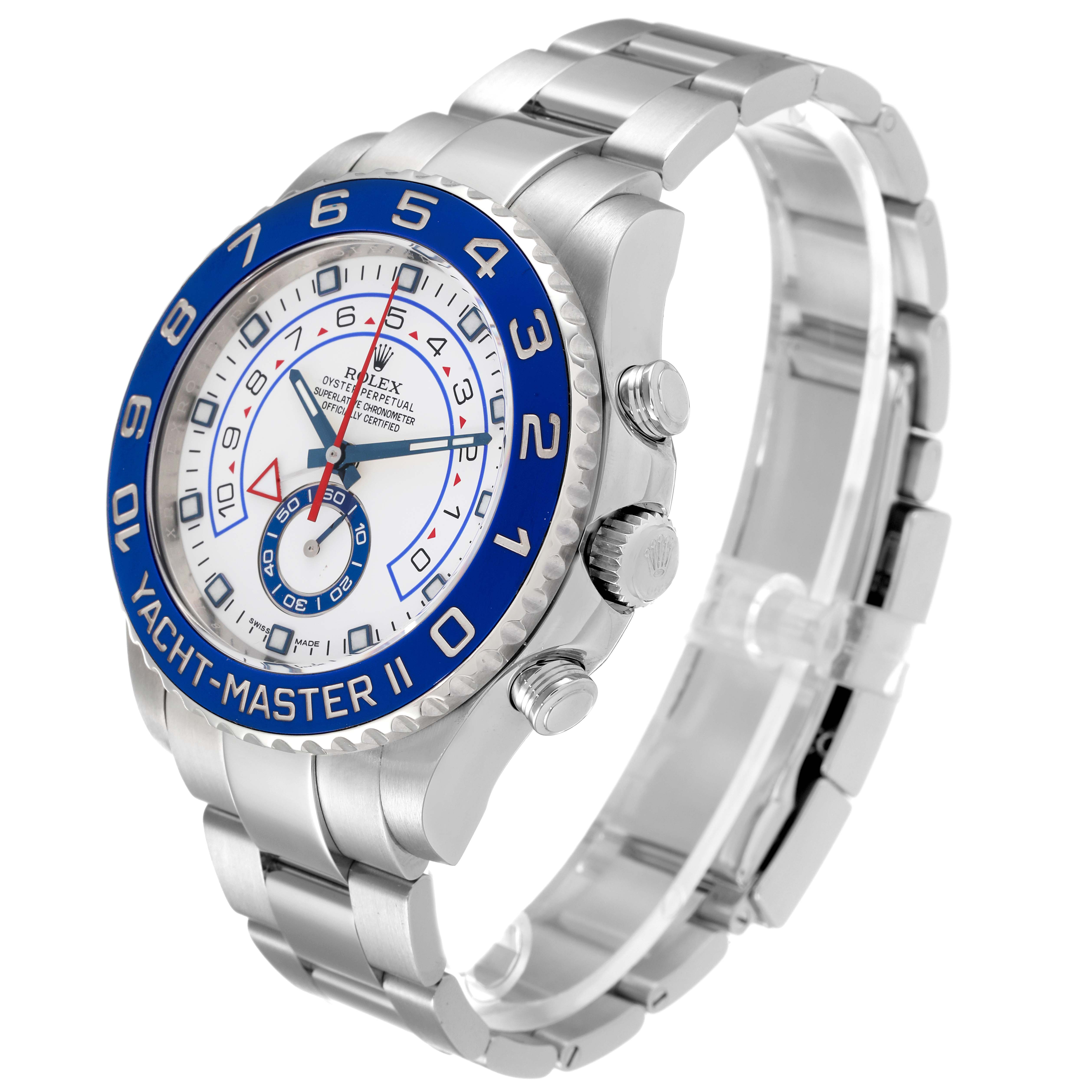 The Rolex Yacht-Master 116680 Men
s Stainless Steel White Dial 116680 Men
s Stainless Steel White Dial watch is shown at an angle displaying the face, bezel, and bracelet prominently.