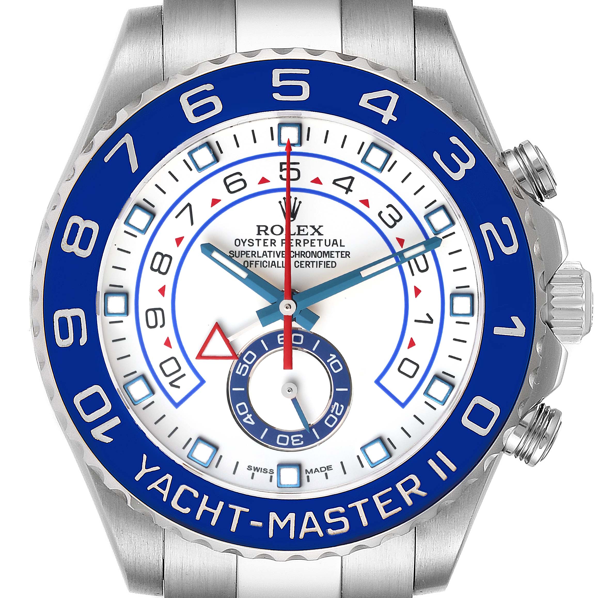 This image shows a front view of the Rolex Yacht-Master 116680 Men
s Stainless Steel White Dial 116680 Men
s Stainless Steel White Dial II watch, displaying the dial, bezel, and crown.