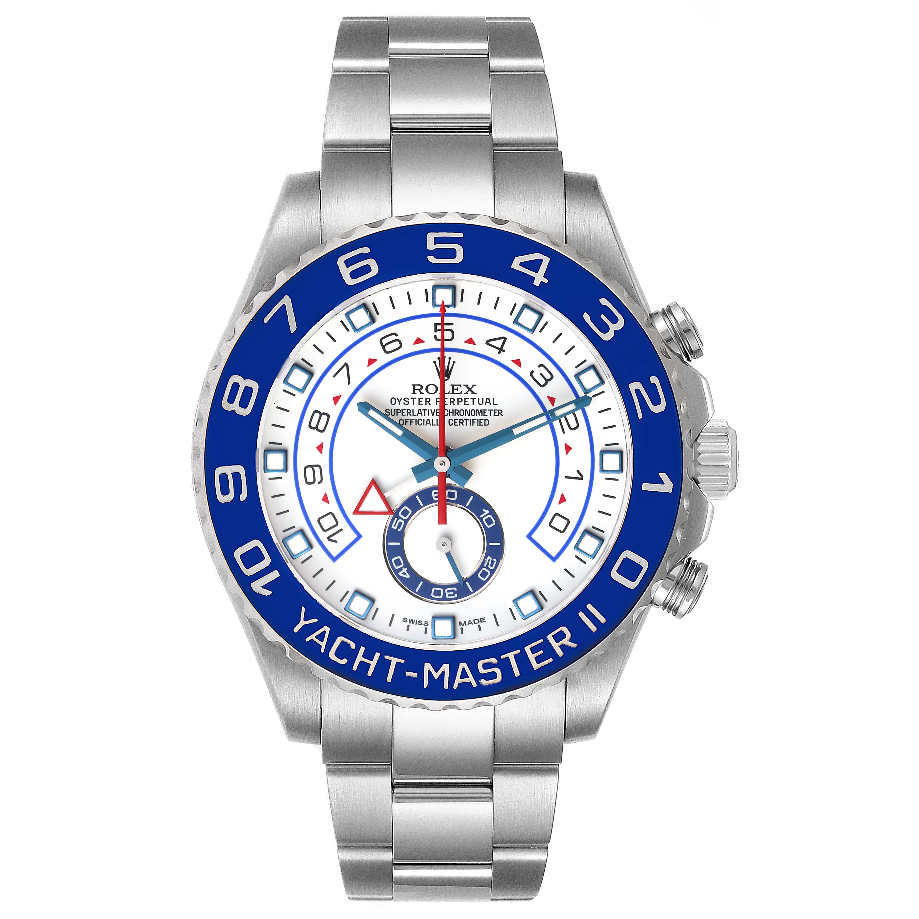 The Rolex Yacht-Master 116680 Men
s Stainless Steel White Dial 116680 Men
s Stainless Steel White Dial watch is shown from a front angle, displaying its face, bezel, and bracelet in detail.