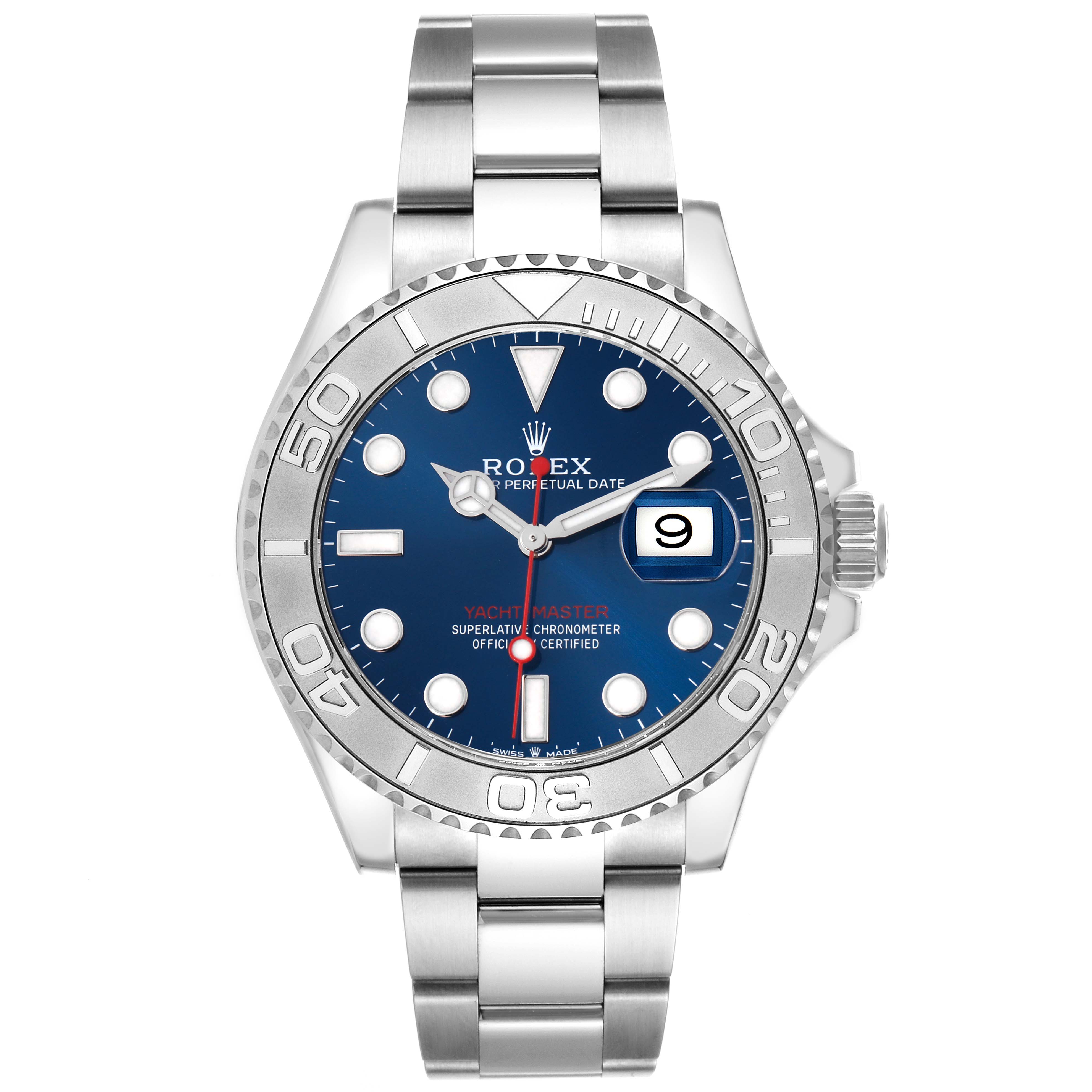 The Rolex Yacht-Master 126622 Men
s Stainless Steel Blue Dial watch is shown from a top-down angle, displaying the face, bezel, crown, and bracelet.
