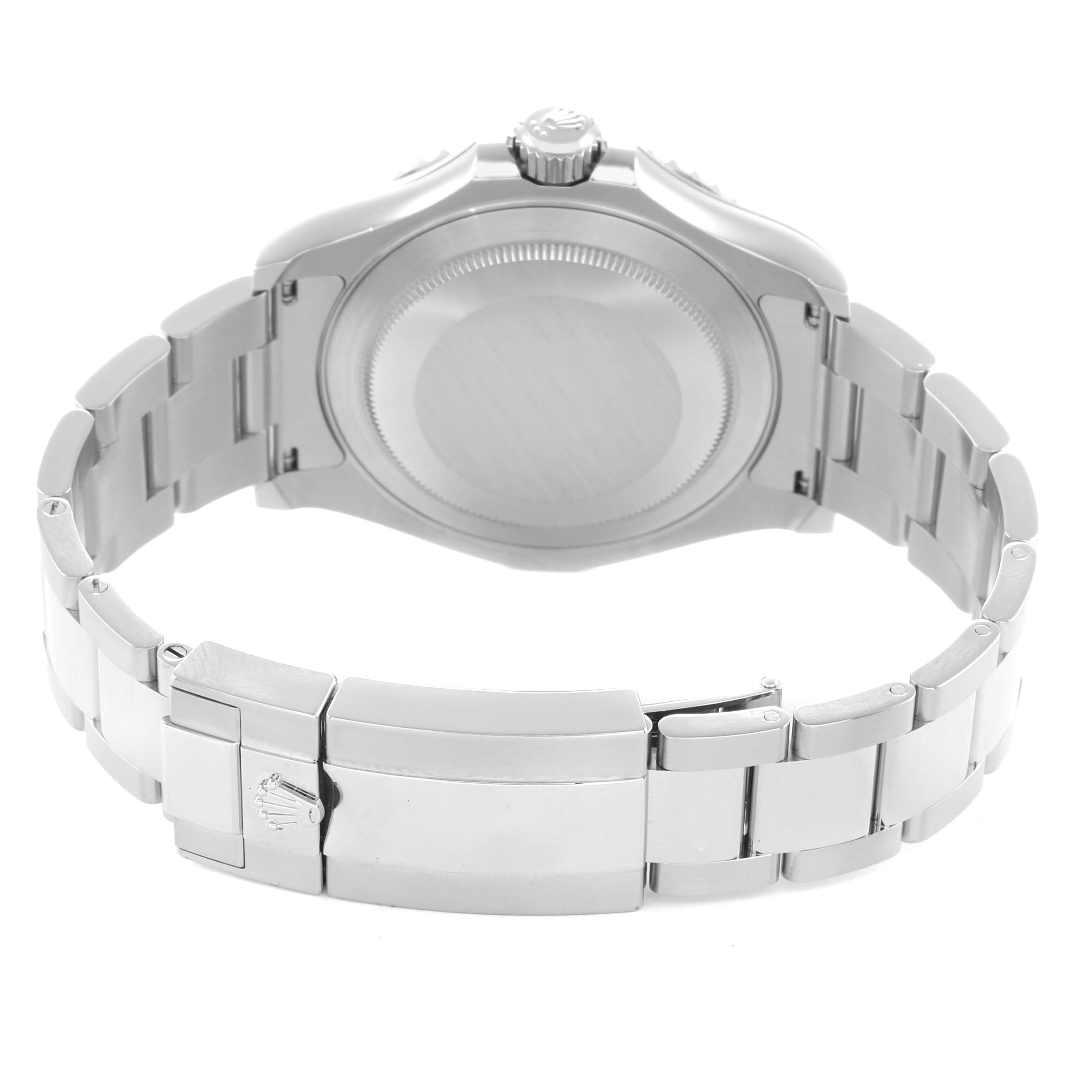 The image shows the back view of a Rolex Yacht-Master 126622 Men
s Stainless Steel Blue Dial watch, focusing on the clasp, bracelet, and case back.