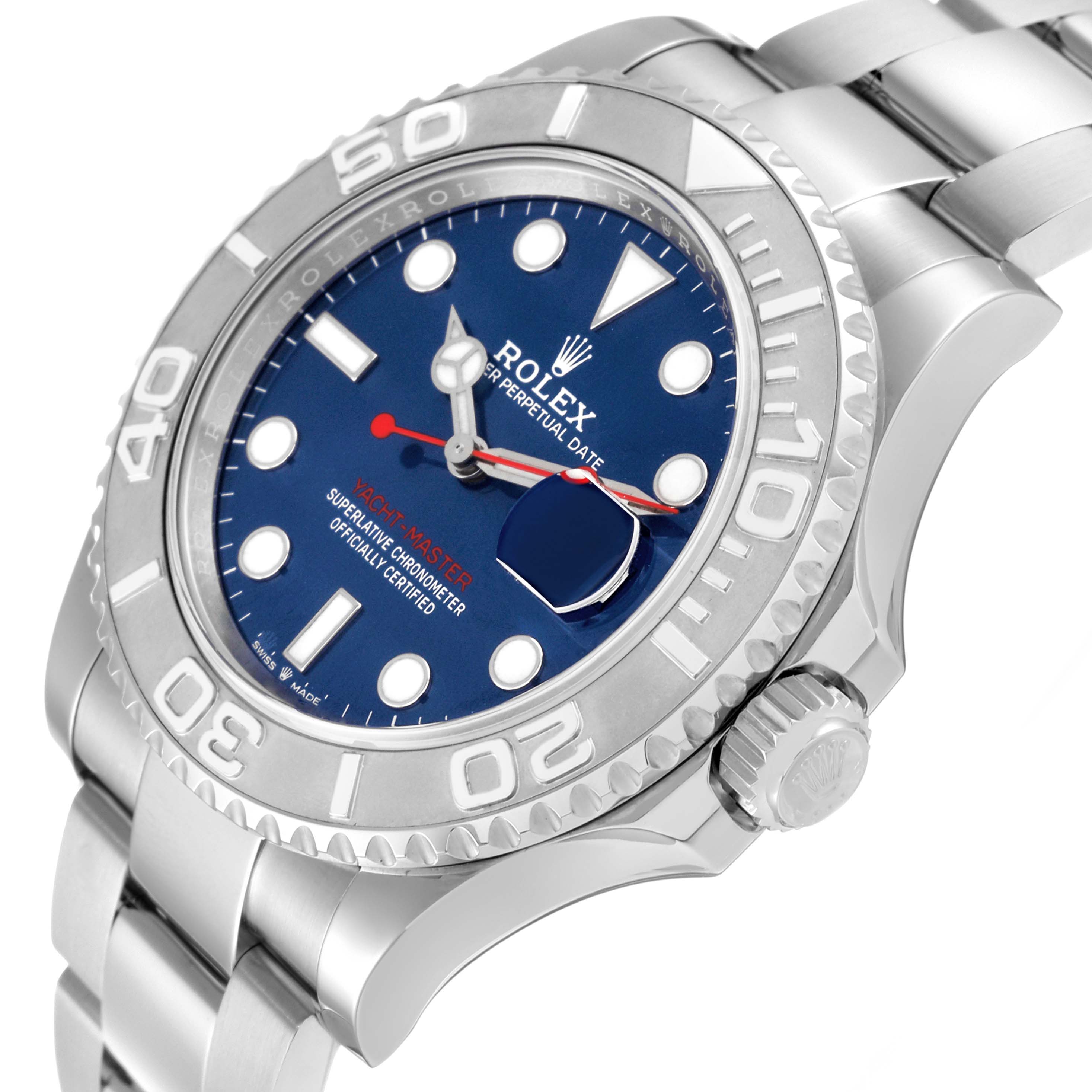The Rolex Yacht-Master 126622 Men
s Stainless Steel Blue Dial watch is shown at an angled side view, highlighting the bezel, crown, and bracelet.