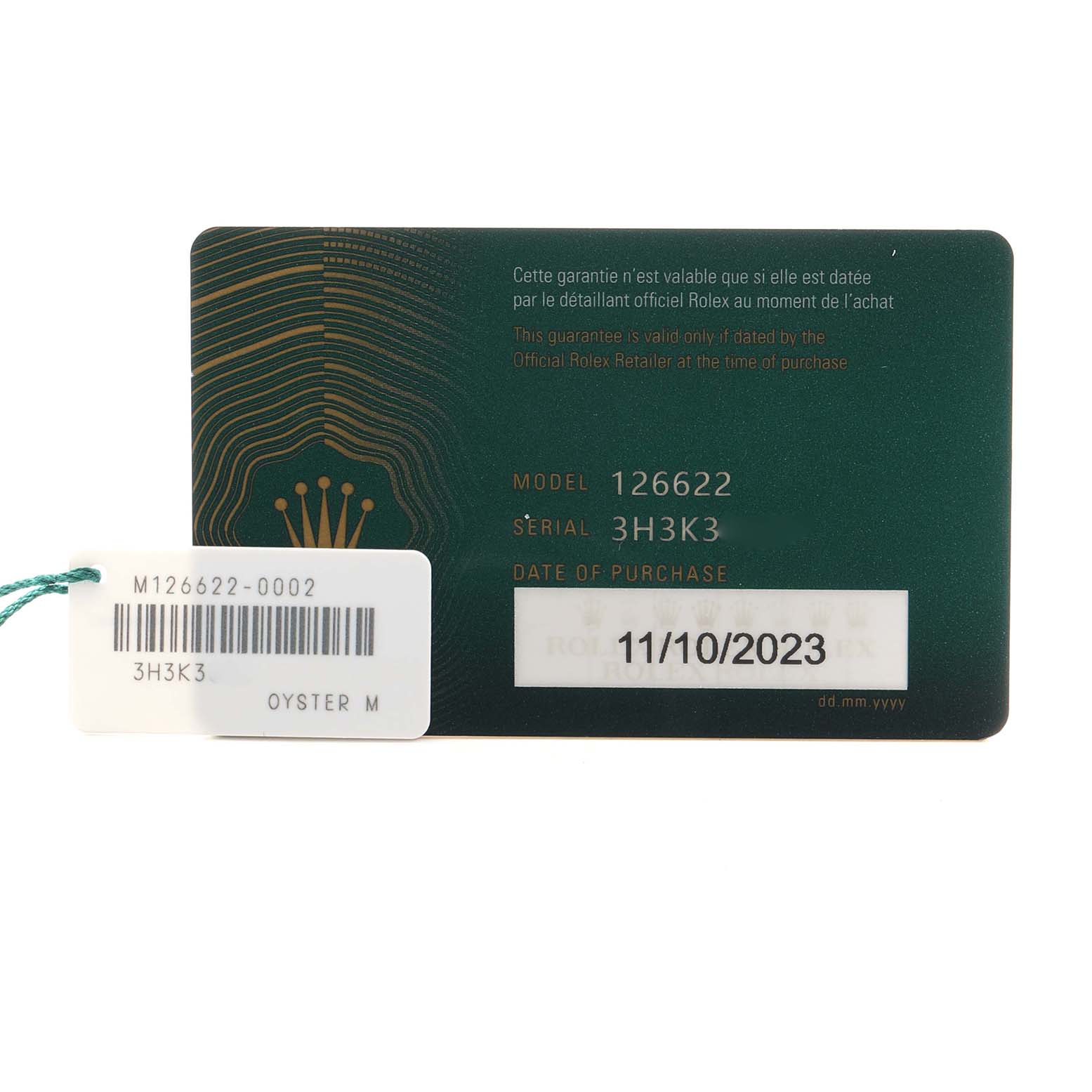 The image shows a warranty card and tag for a Rolex Yacht-Master 126622 Men
s Stainless Steel Blue Dial, focusing on model and serial details.