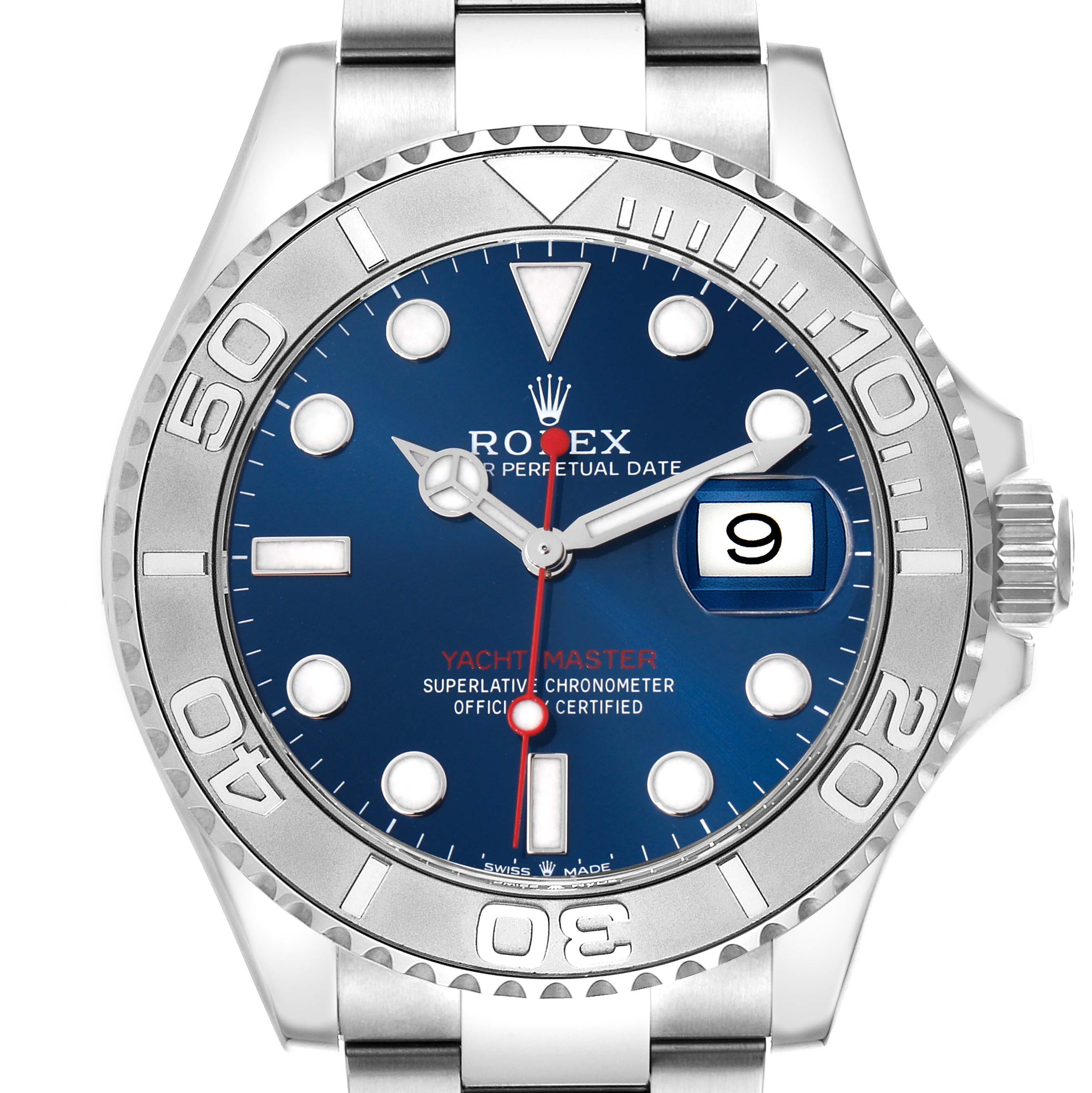 The Rolex Yacht-Master 126622 Men
s Stainless Steel Blue Dial watch is shown from the front, displaying its dial, bezel, and part of the bracelet.