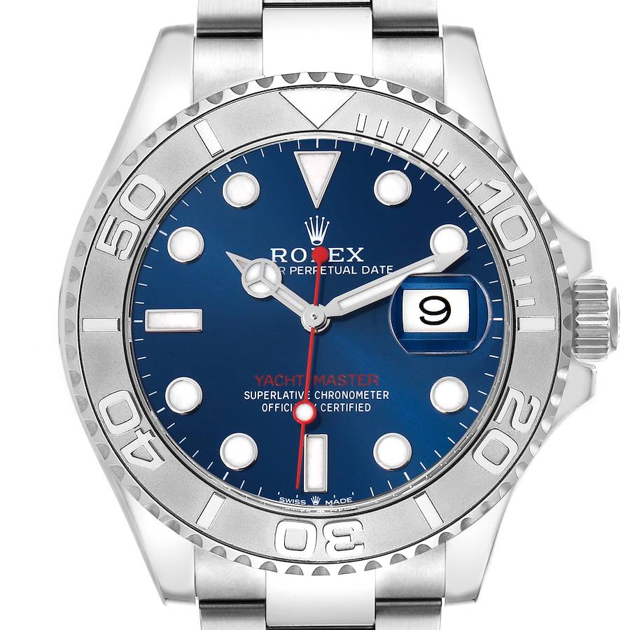 The Rolex Yacht-Master 126622 Men's Stainless Steel Blue Dial watch is shown from the front, displaying its dial, bezel, and part of the bracelet.