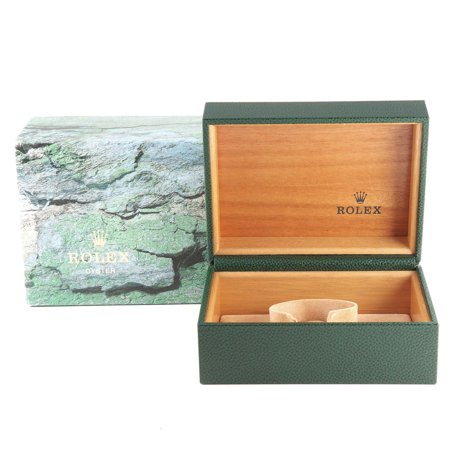 This image shows an open Rolex Yacht-Master 16623 Men's Steel and Gold (two tone) Grey Dial 16623 Men's Steel and Gold (two tone) Grey Dial watch box with the outer box featuring a natural rock pattern and the inner box having a green exterior and wooden interior.