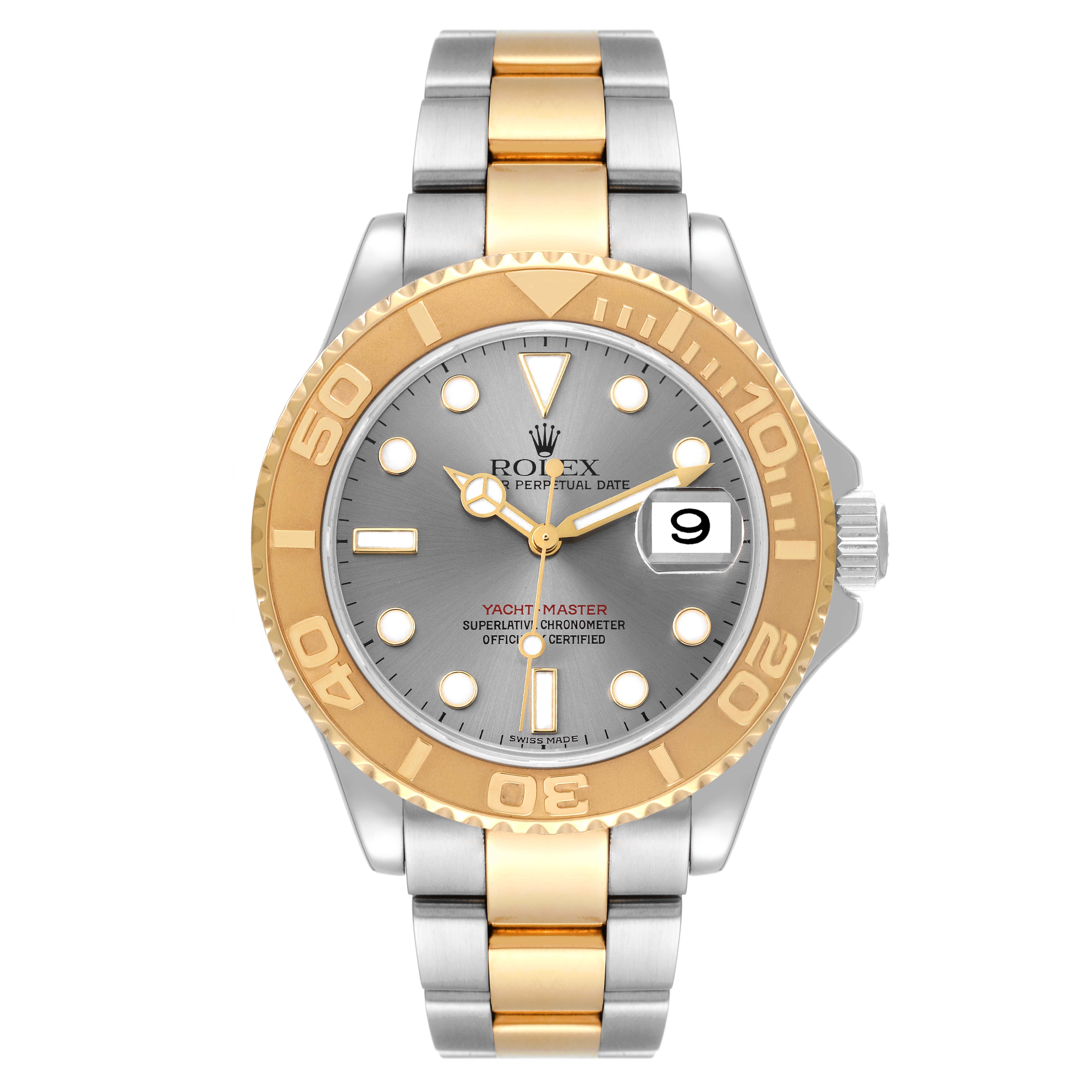 The image shows a front view of a Rolex Yacht-Master 16623 Men's Steel and Gold (two tone) Grey Dial 16623 Men's Steel and Gold (two tone) Grey Dial watch, highlighting its face, bezel, and two-tone bracelet.