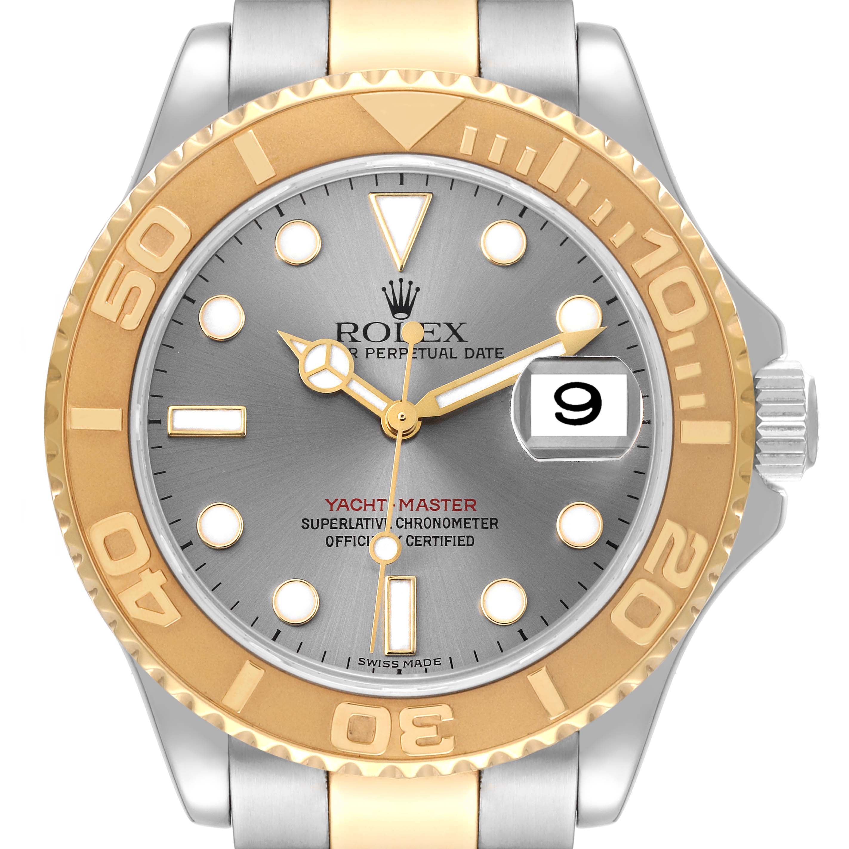 The image shows a front view of a Rolex Yacht-Master 16623 Men's Steel and Gold (two tone) Grey Dial 16623 Men's Steel and Gold (two tone) Grey Dial watch, highlighting the dial, bezel, crown, and part of the bracelet.