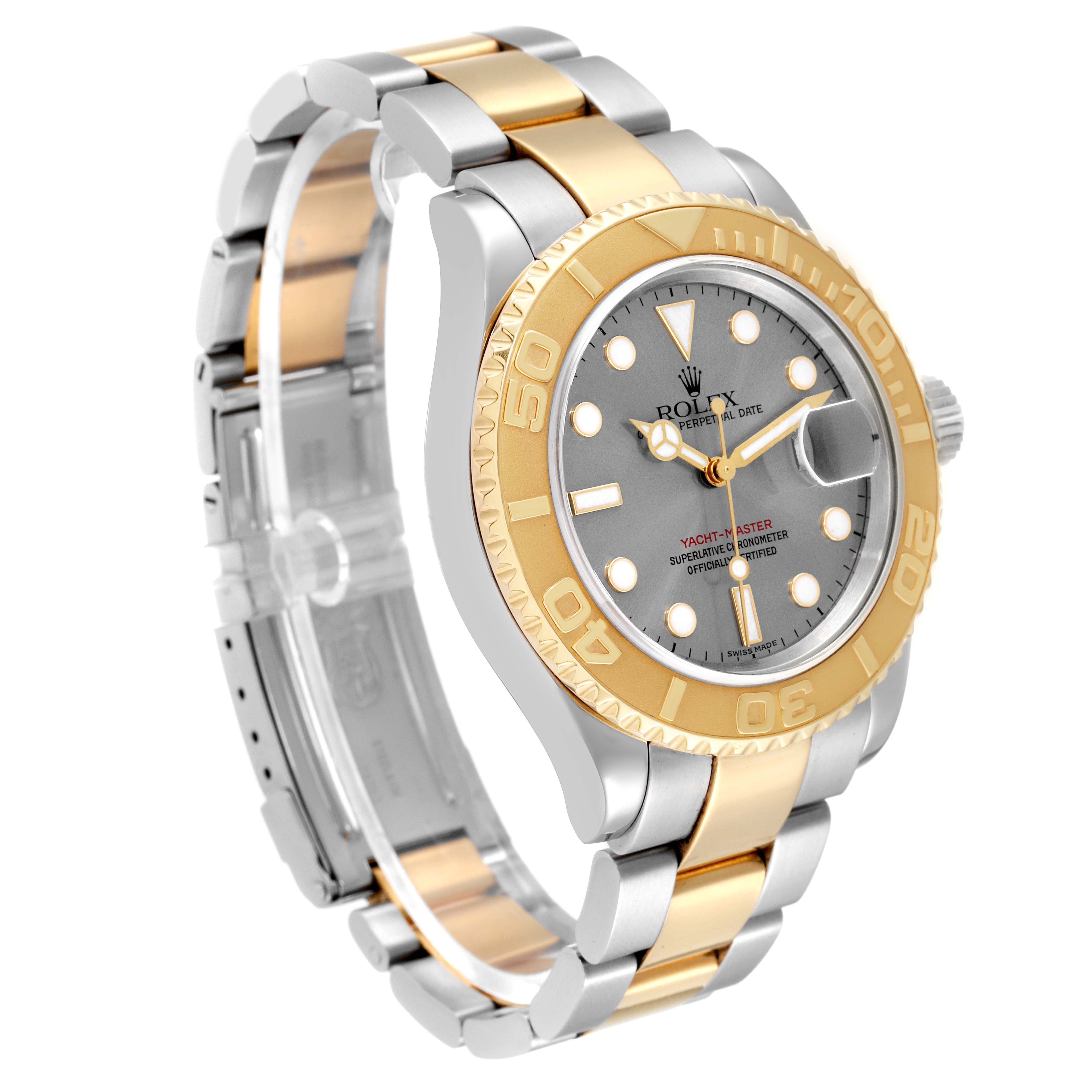 This Rolex Yacht-Master 16623 Men's Steel and Gold (two tone) Grey Dial 16623 Men's Steel and Gold (two tone) Grey Dial watch is shown in a three-quarter angle, highlighting the two-tone bracelet, bezel, and dial.