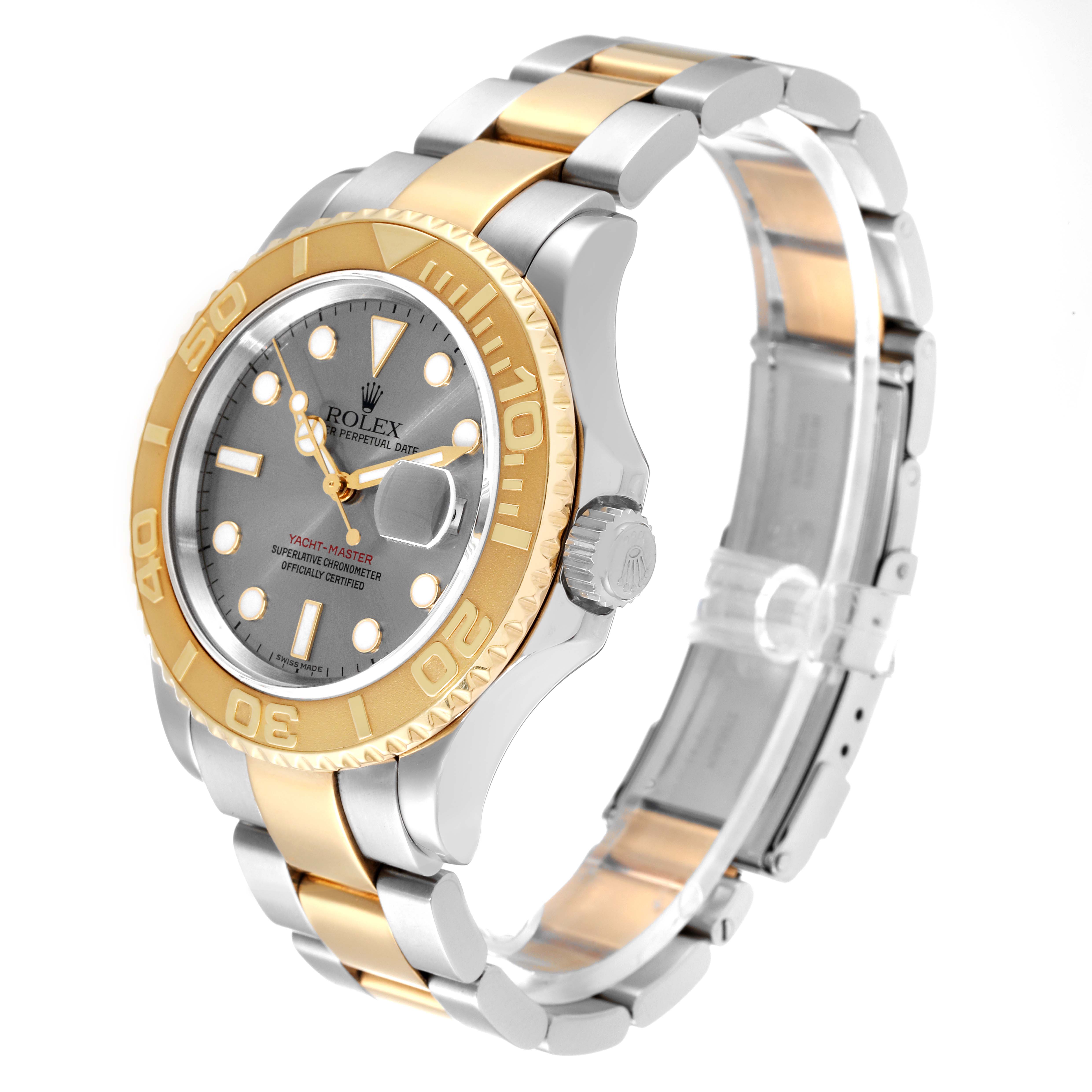 The Rolex Yacht-Master 16623 Men's Steel and Gold (two tone) Grey Dial 16623 Men's Steel and Gold (two tone) Grey Dial watch is shown at an angled view, highlighting the face, bezel, two-tone bracelet, and crown.