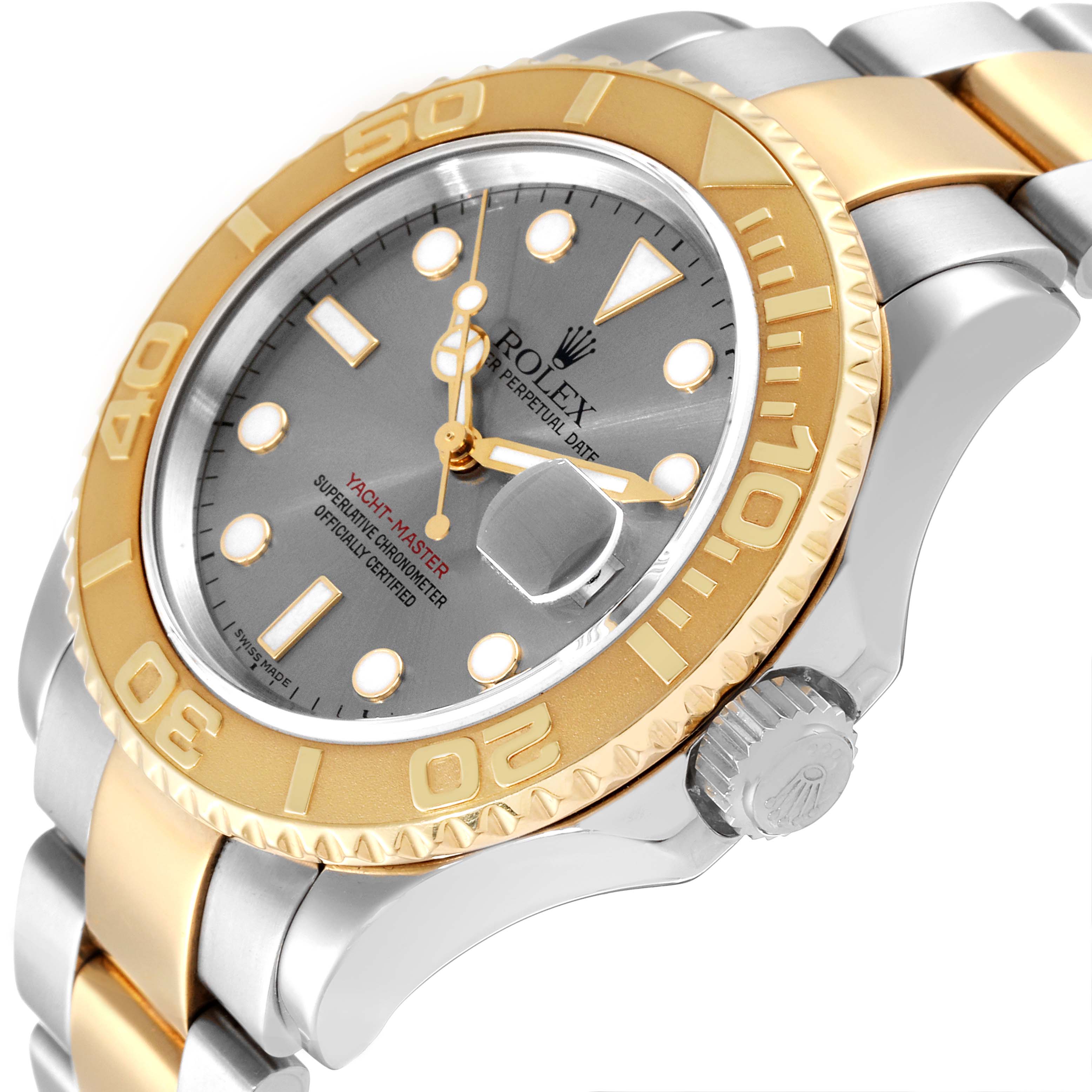The image shows a close-up angle of the Rolex Yacht-Master 16623 Men's Steel and Gold (two tone) Grey Dial 16623 Men's Steel and Gold (two tone) Grey Dial watch, highlighting the dial, bezel, and part of the bracelet.