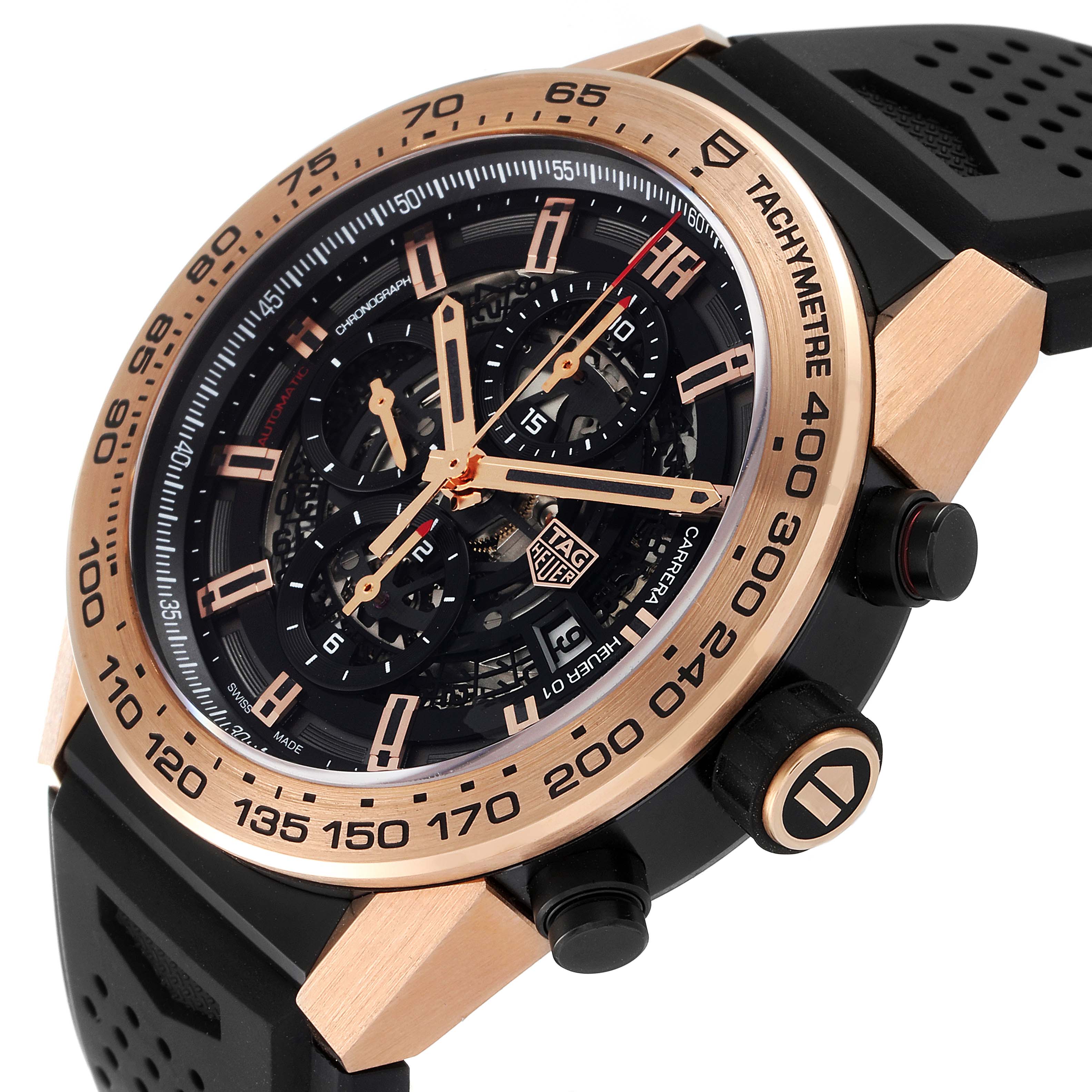 The image shows a close-up angle of a Tag Heuer Carrera CAR2A5B.FT6044 Men's Titanium Black Dial CAR2A5B.FT6044 Men's Titanium Black Dial watch featuring its dial, bezel, and strap.