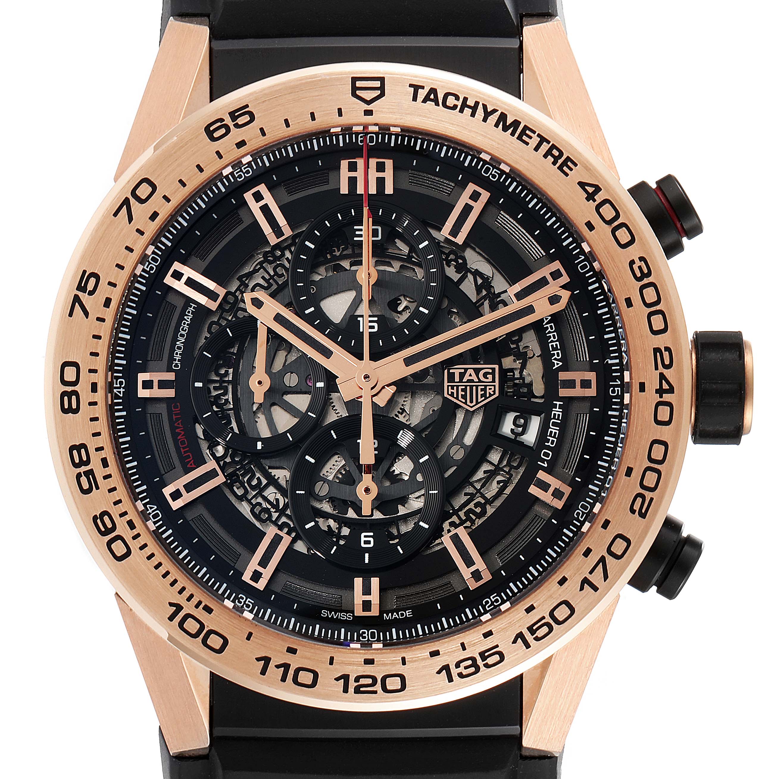 The image shows a close-up, front view of a Tag Heuer Carrera CAR2A5B.FT6044 Men's Titanium Black Dial CAR2A5B.FT6044 Men's Titanium Black Dial watch face with visible tachymeter and chronograph features.