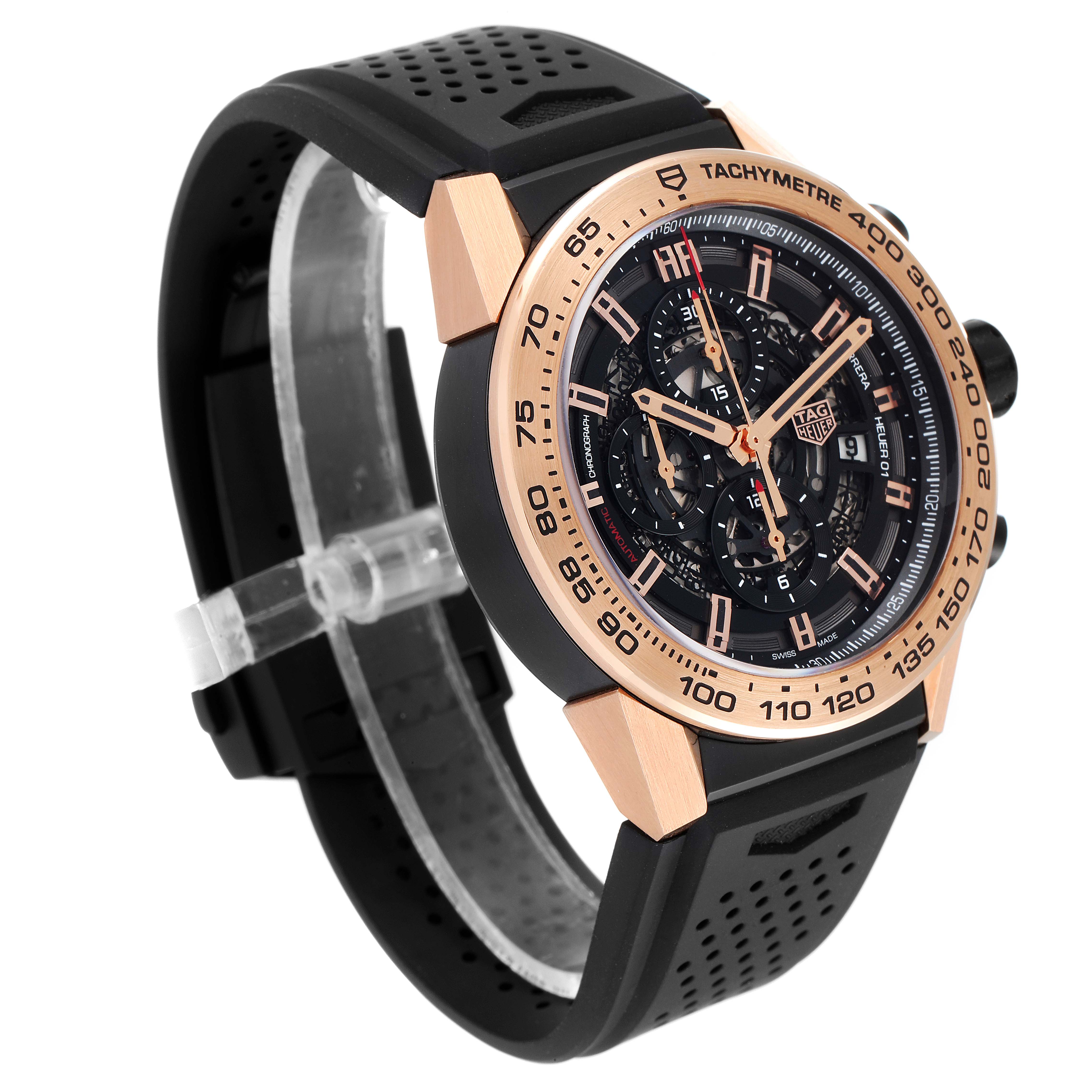 The image shows a side angle view of a Tag Heuer Carrera CAR2A5B.FT6044 Men's Titanium Black Dial CAR2A5B.FT6044 Men's Titanium Black Dial watch, highlighting its face, bezel, and rubber strap.