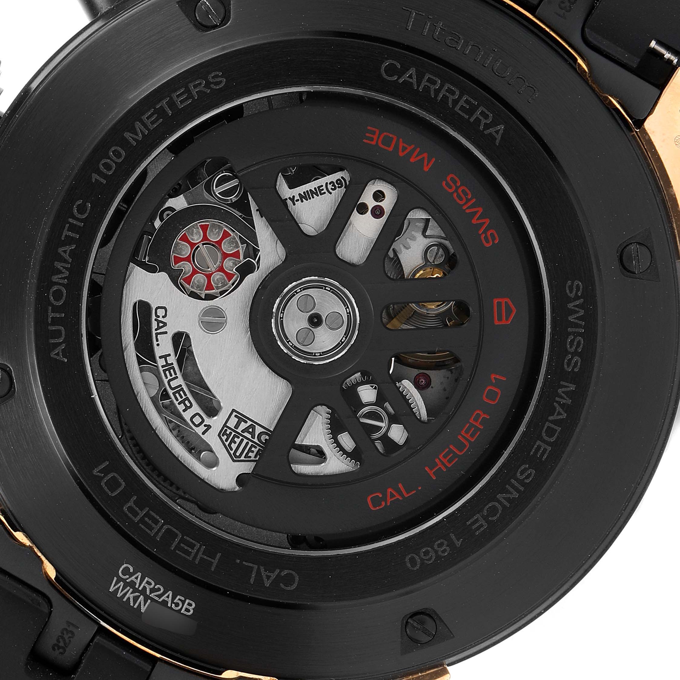 This image shows the back view of a Tag Heuer Carrera CAR2A5B.FT6044 Men's Titanium Black Dial CAR2A5B.FT6044 Men's Titanium Black Dial watch, revealing its internal mechanical movement.