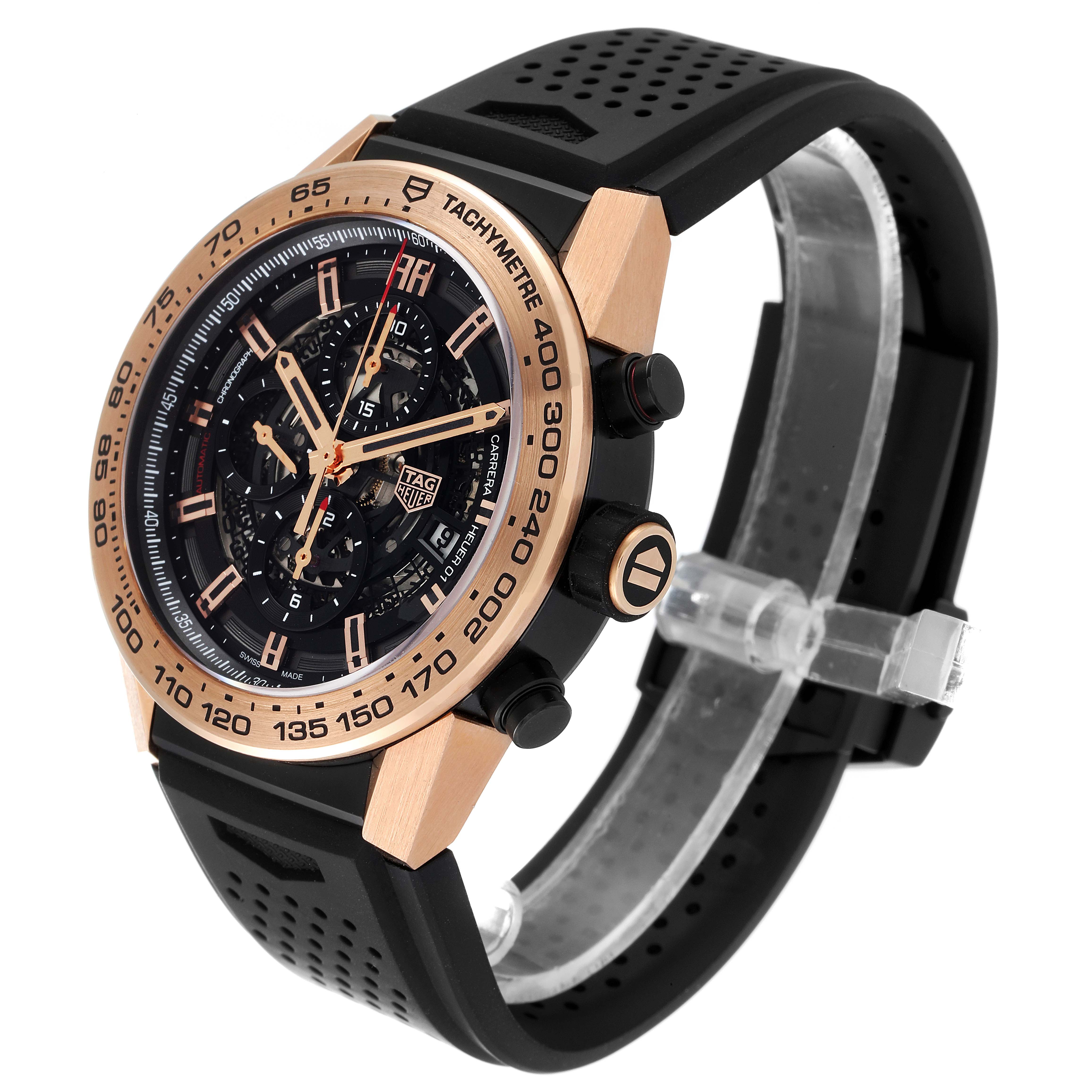 The image shows a side angle of a Tag Heuer Carrera CAR2A5B.FT6044 Men's Titanium Black Dial CAR2A5B.FT6044 Men's Titanium Black Dial watch, highlighting its face, bezel, buttons, and strap.