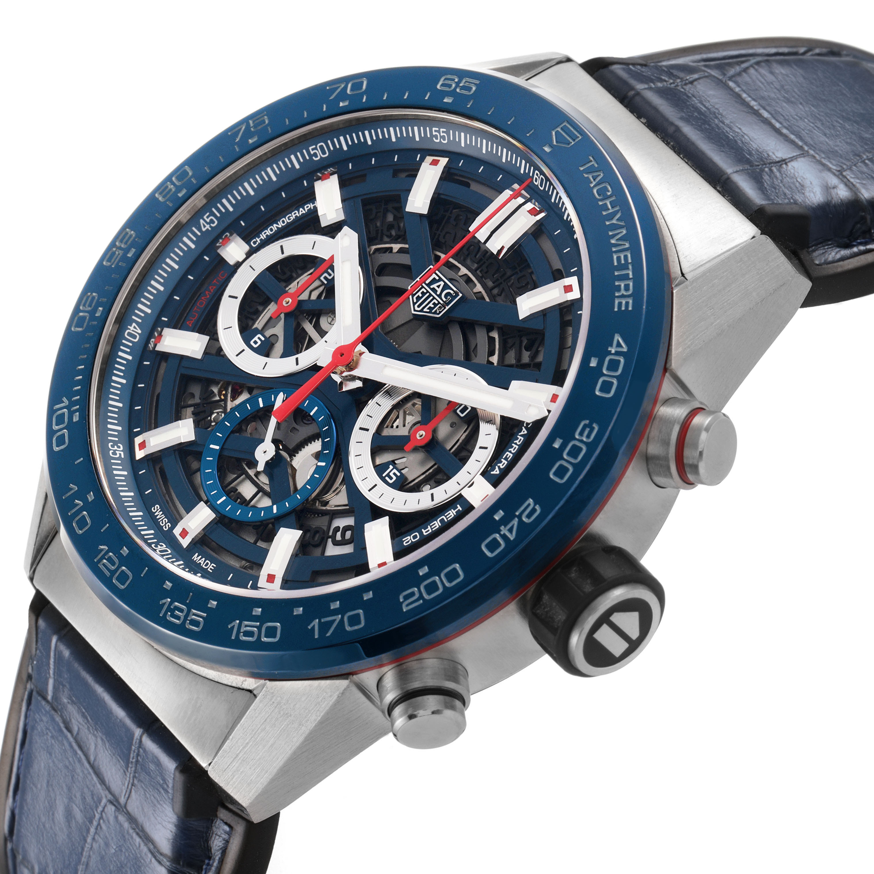The Tag Heuer Carrera CBG2A11.FC6460 Men's Stainless Steel Blue Dial watch is shown at an angled view, displaying the dial, tachymeter, subdials, and part of the crown.
