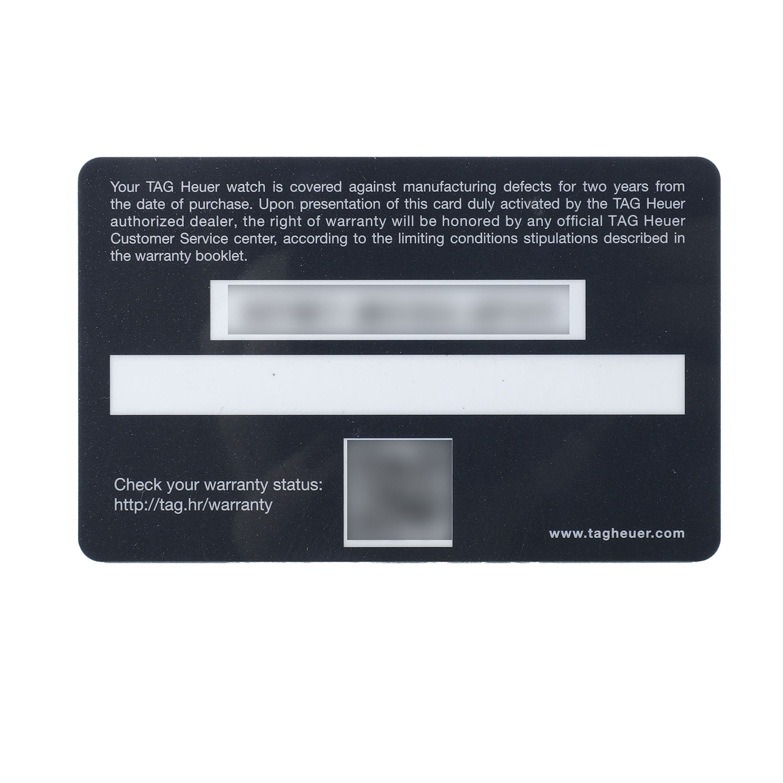 The image shows a Tag Heuer warranty card, related to the Carrera model, viewed from above.