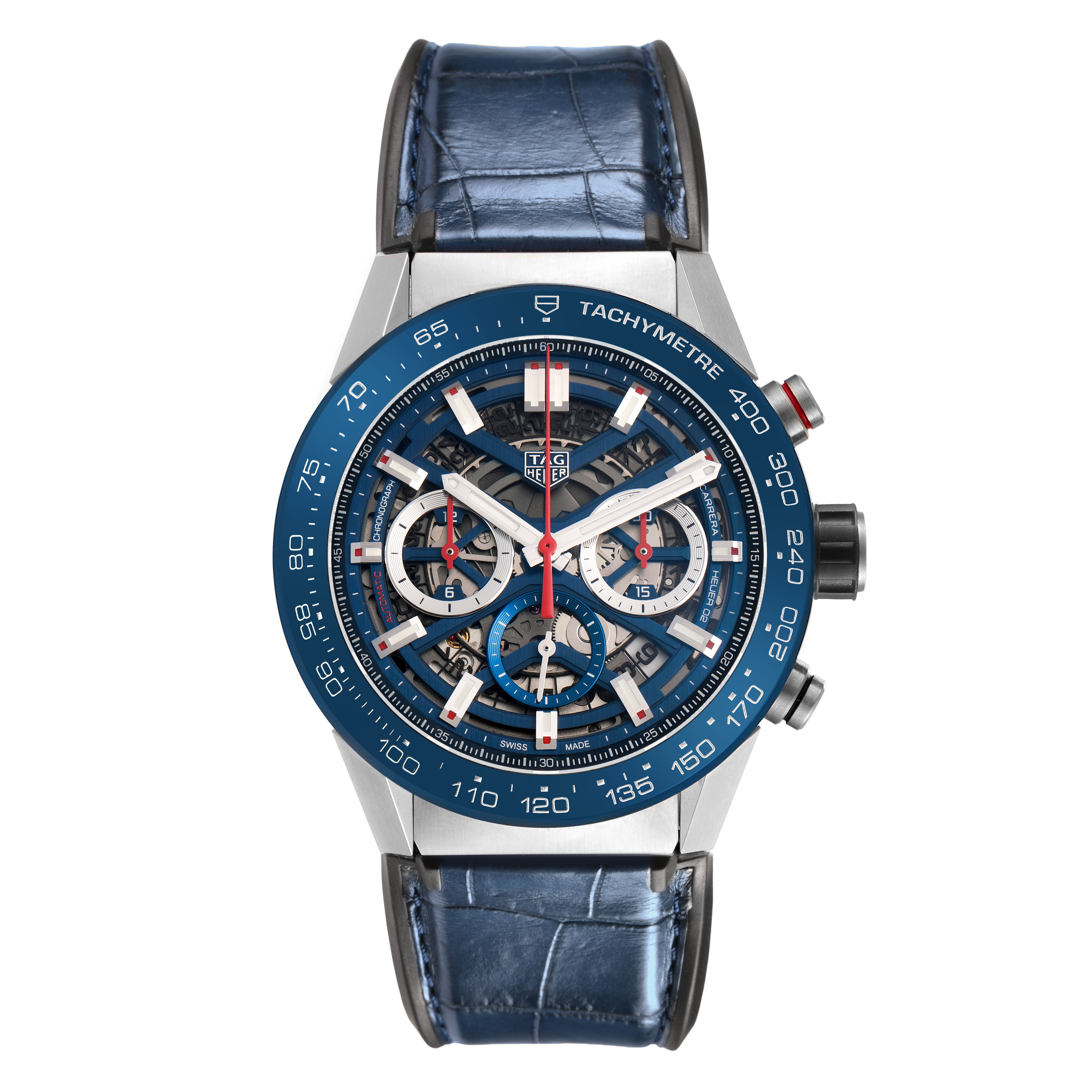The image shows a Tag Heuer Carrera CBG2A11.FC6460 Men's Stainless Steel Blue Dial watch from a front view, highlighting its blue strap, tachymeter bezel, and skeleton dial.