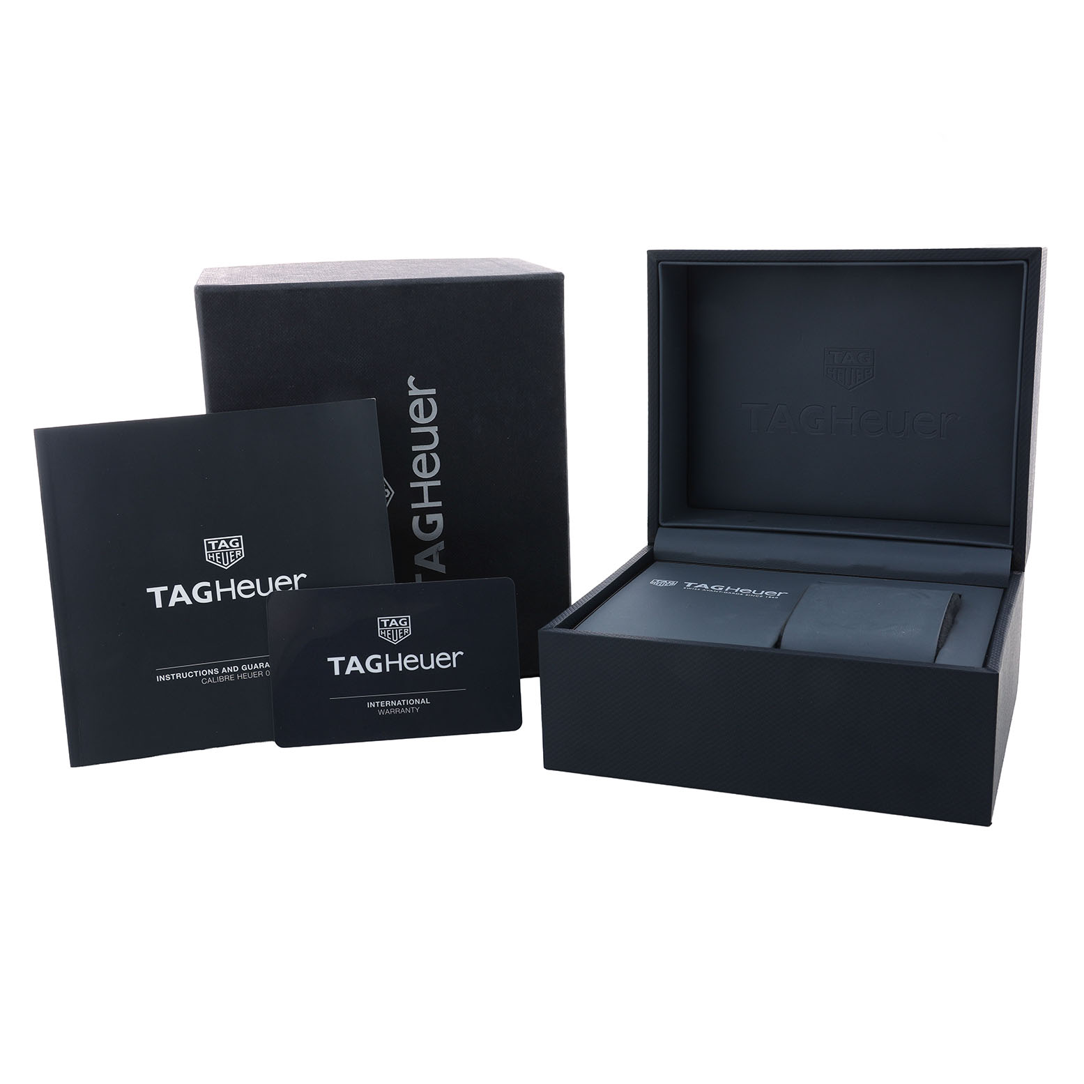 The image shows the packaging, box, and documents for a Tag Heuer Carrera CBG2A11.FC6460 Men's Stainless Steel Blue Dial model.