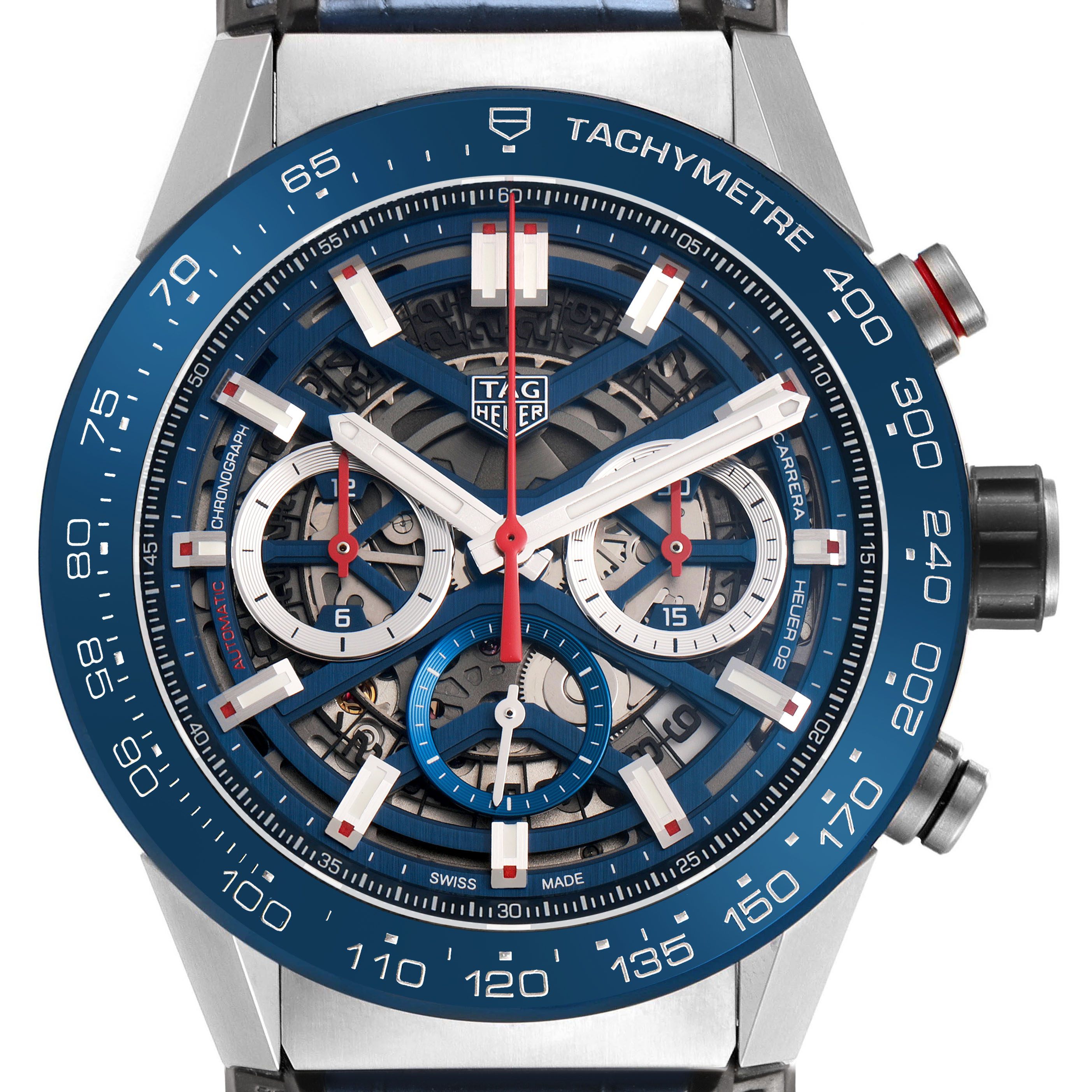 The Tag Heuer Carrera CBG2A11.FC6460 Men's Stainless Steel Blue Dial watch is shown from a front angle, highlighting its blue tachymeter bezel and chronograph sub-dials.