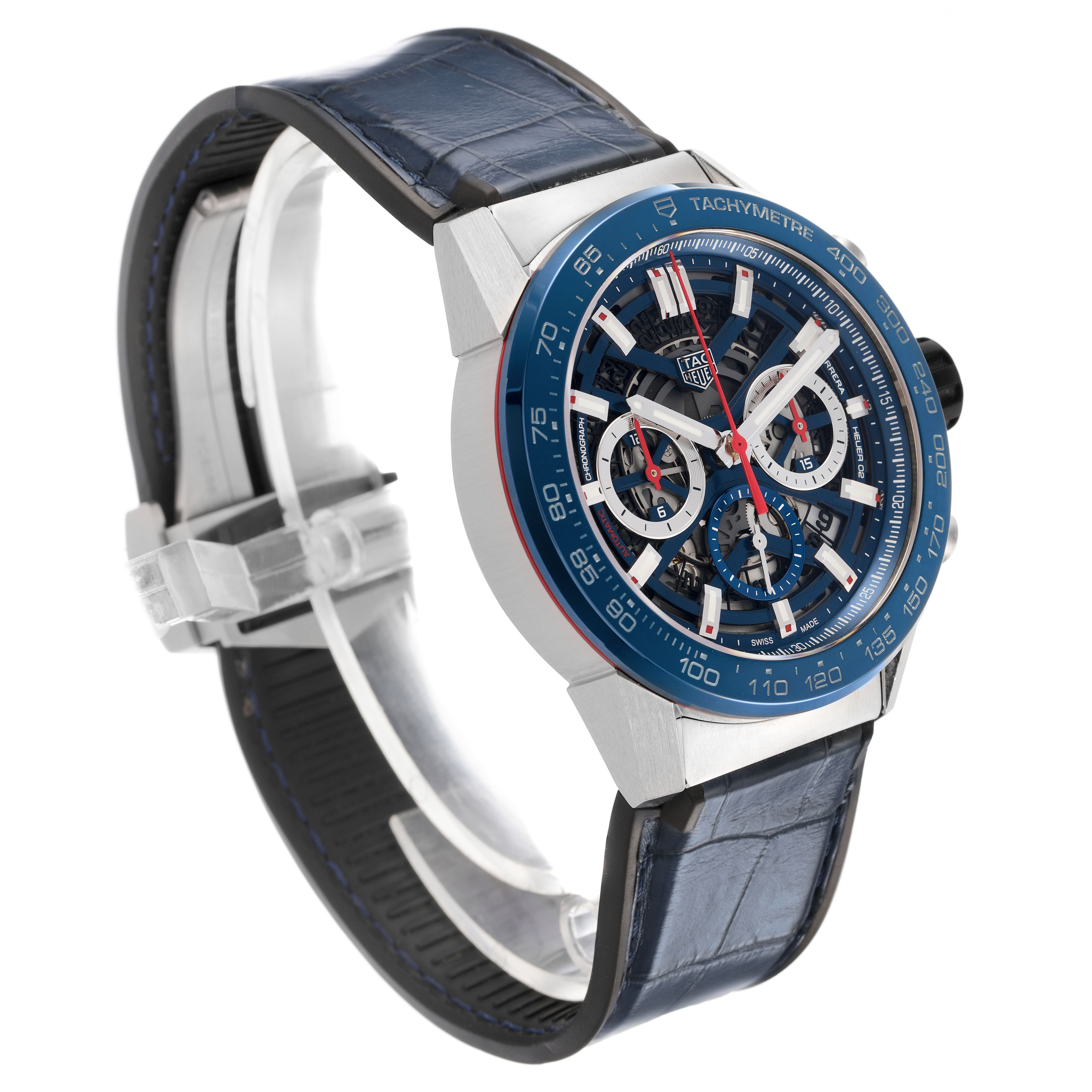 The image shows a Tag Heuer Carrera CBG2A11.FC6460 Men's Stainless Steel Blue Dial watch at a 3/4 angle, highlighting the face, case, band, and tachymeter bezel.