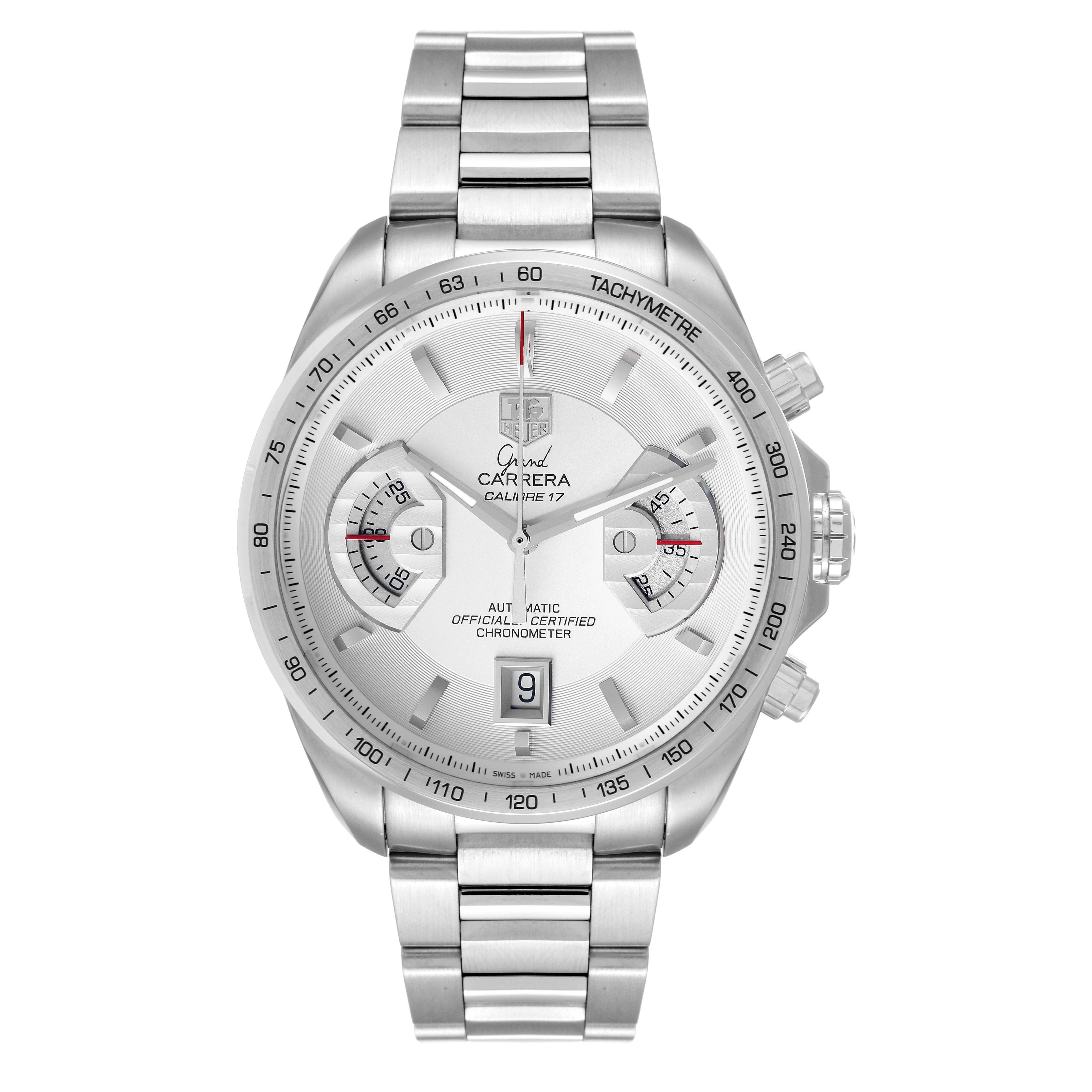 This image shows a front view of a Tag Heuer Carrera CAV511B.BA0902 Men's Stainless Steel Silver Dial CAV511B.BA0902 Men's Stainless Steel Silver Dial watch, highlighting its dial, bezel, crown, and stainless steel bracelet.