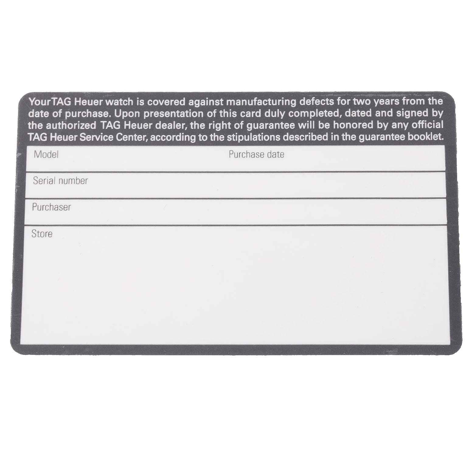 The image shows a warranty card for the Tag Heuer Carrera CAV511B.BA0902 Men's Stainless Steel Silver Dial CAV511B.BA0902 Men's Stainless Steel Silver Dial model watch, viewed flat from above.