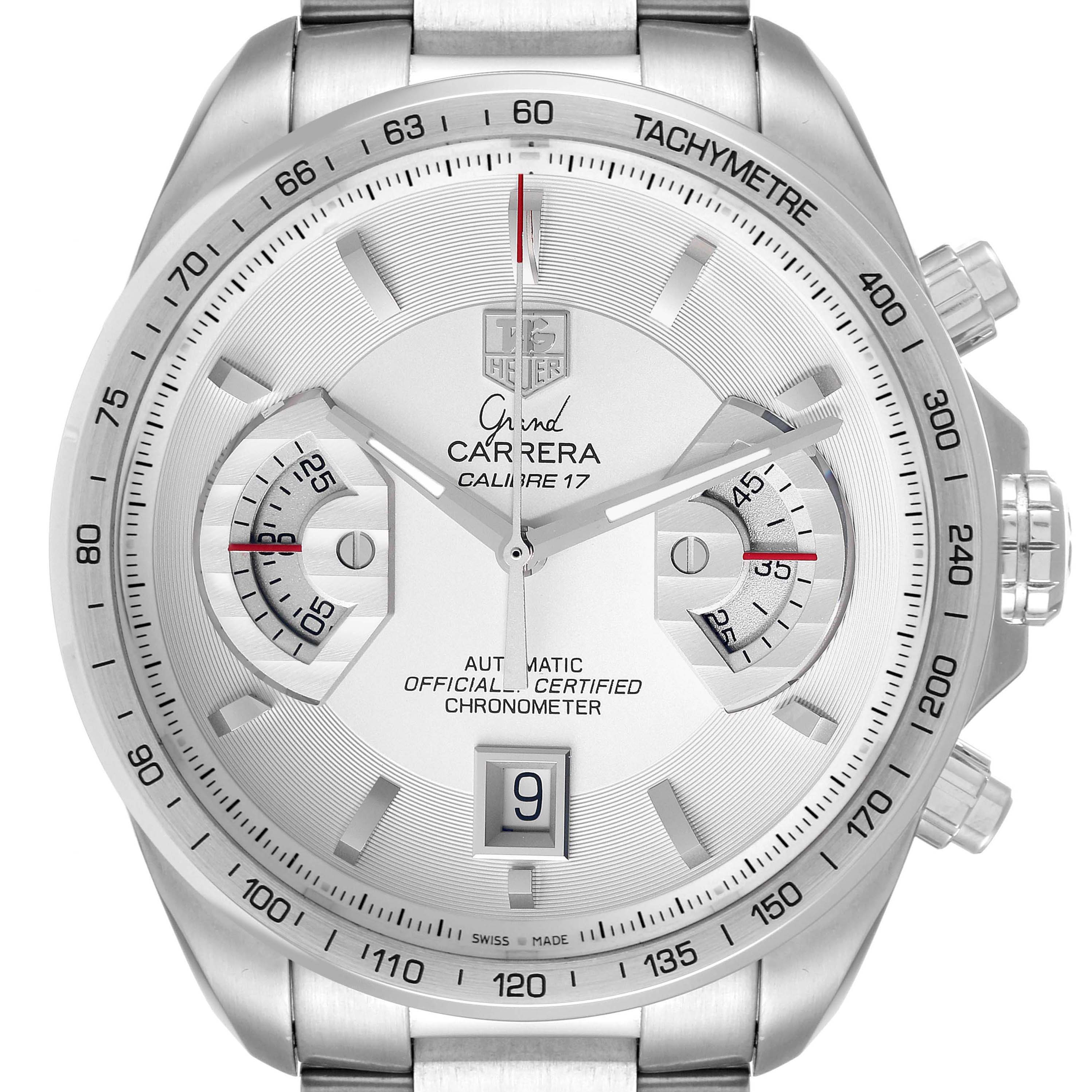 The image shows a front view of a Tag Heuer Carrera CAV511B.BA0902 Men's Stainless Steel Silver Dial CAV511B.BA0902 Men's Stainless Steel Silver Dial watch featuring a tachymeter, chronograph dials, and date display.