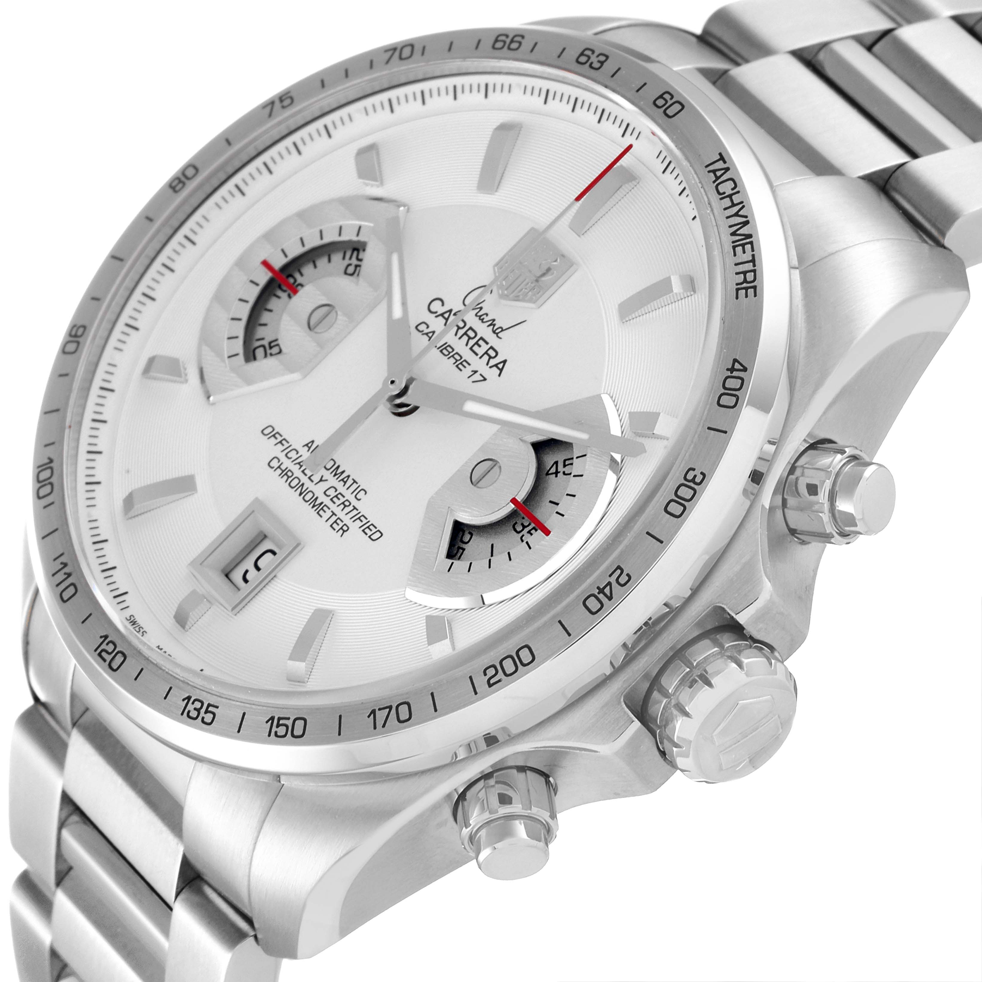 The image shows a Tag Heuer Carrera CAV511B.BA0902 Men's Stainless Steel Silver Dial CAV511B.BA0902 Men's Stainless Steel Silver Dial watch at an angled view, highlighting its face, bezel, side buttons, and part of the bracelet.