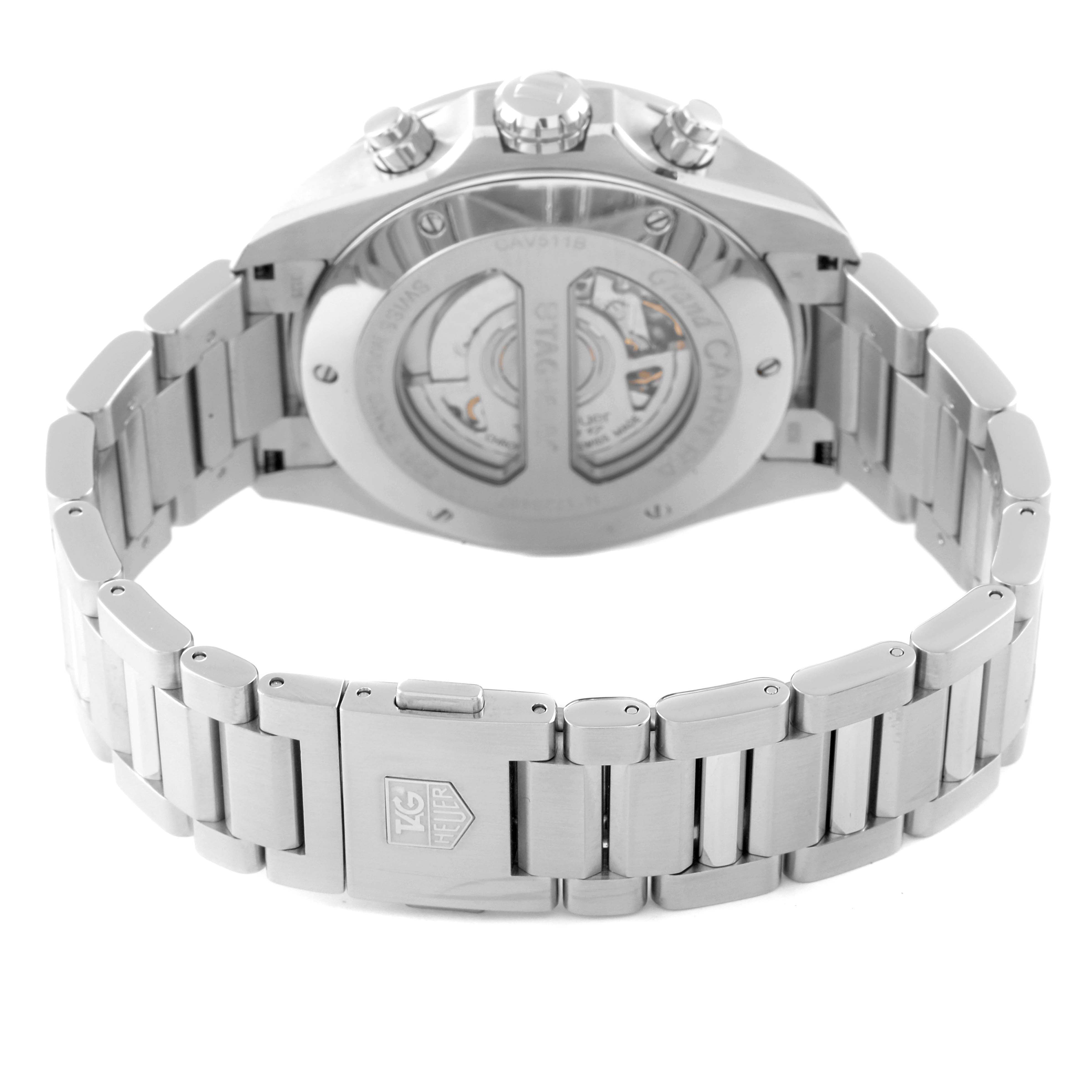 The image shows the back view of a Tag Heuer Carrera CAV511B.BA0902 Men's Stainless Steel Silver Dial CAV511B.BA0902 Men's Stainless Steel Silver Dial watch, highlighting its stainless steel case, bracelet, clasp, and transparent case back.