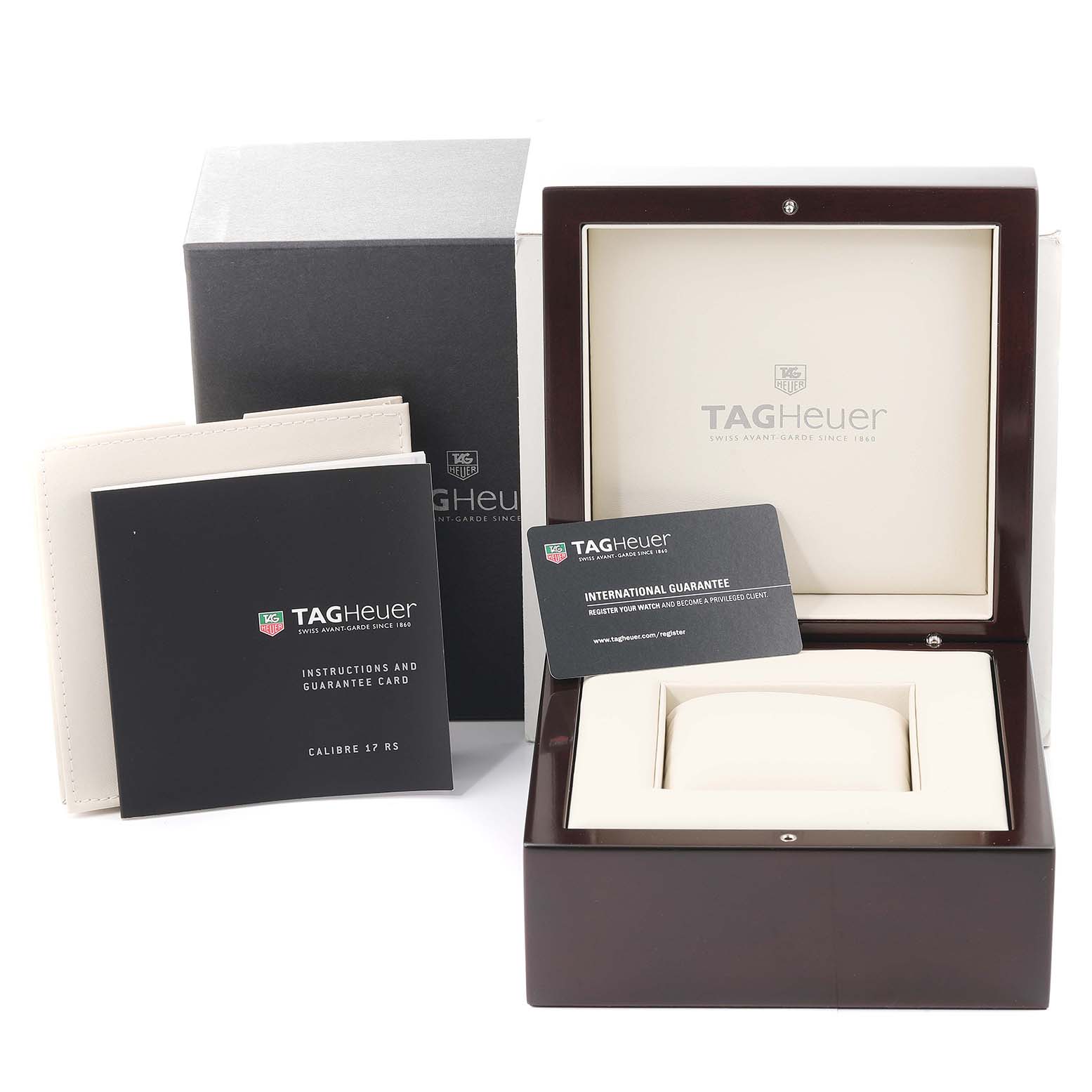 The image shows the packaging, warranty card, and instructions for a Tag Heuer Carrera CAV511B.BA0902 Men's Stainless Steel Silver Dial CAV511B.BA0902 Men's Stainless Steel Silver Dial watch.