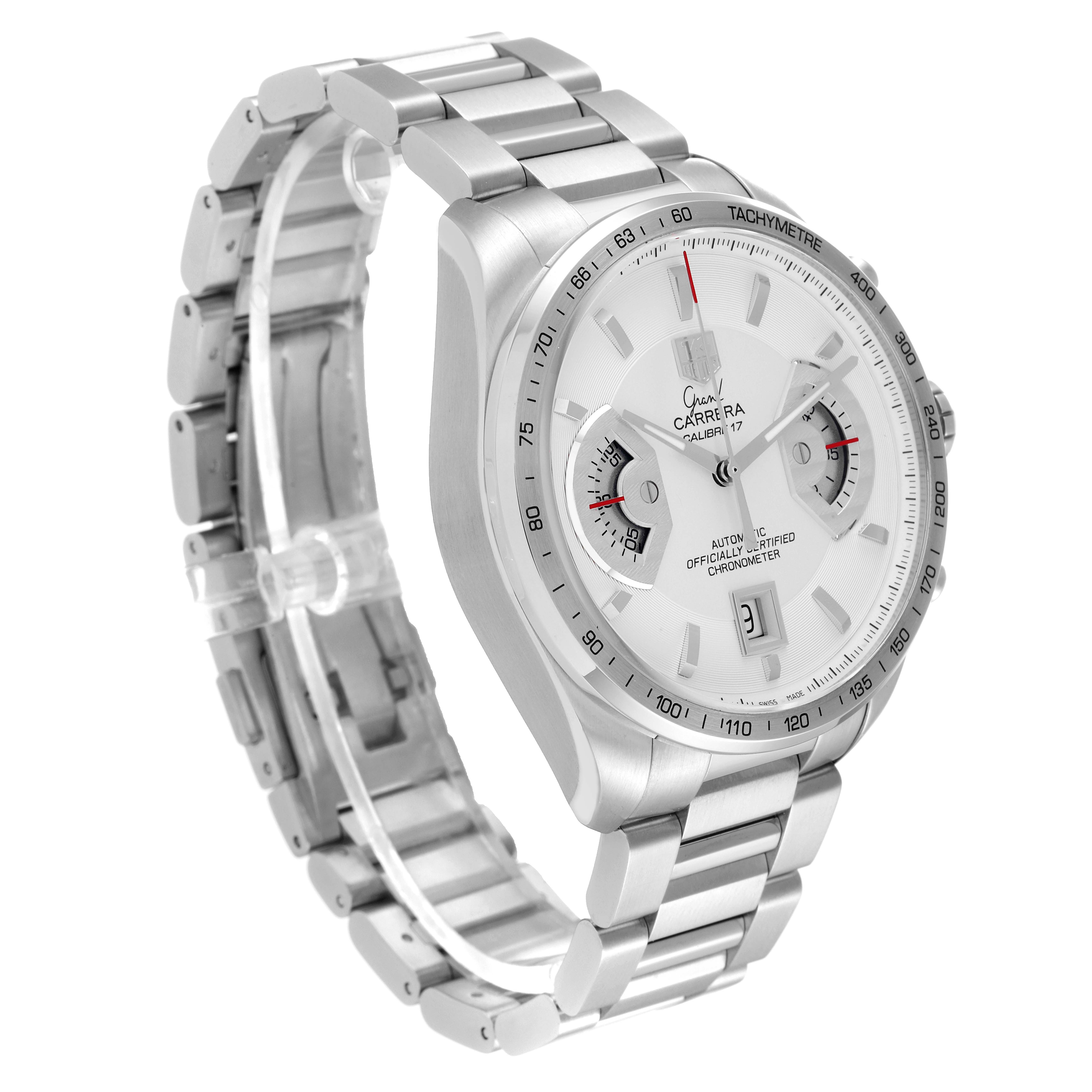 The Tag Heuer Carrera CAV511B.BA0902 Men's Stainless Steel Silver Dial CAV511B.BA0902 Men's Stainless Steel Silver Dial watch is shown from an angle highlighting its dial, bezel, bracelet, and side buttons.
