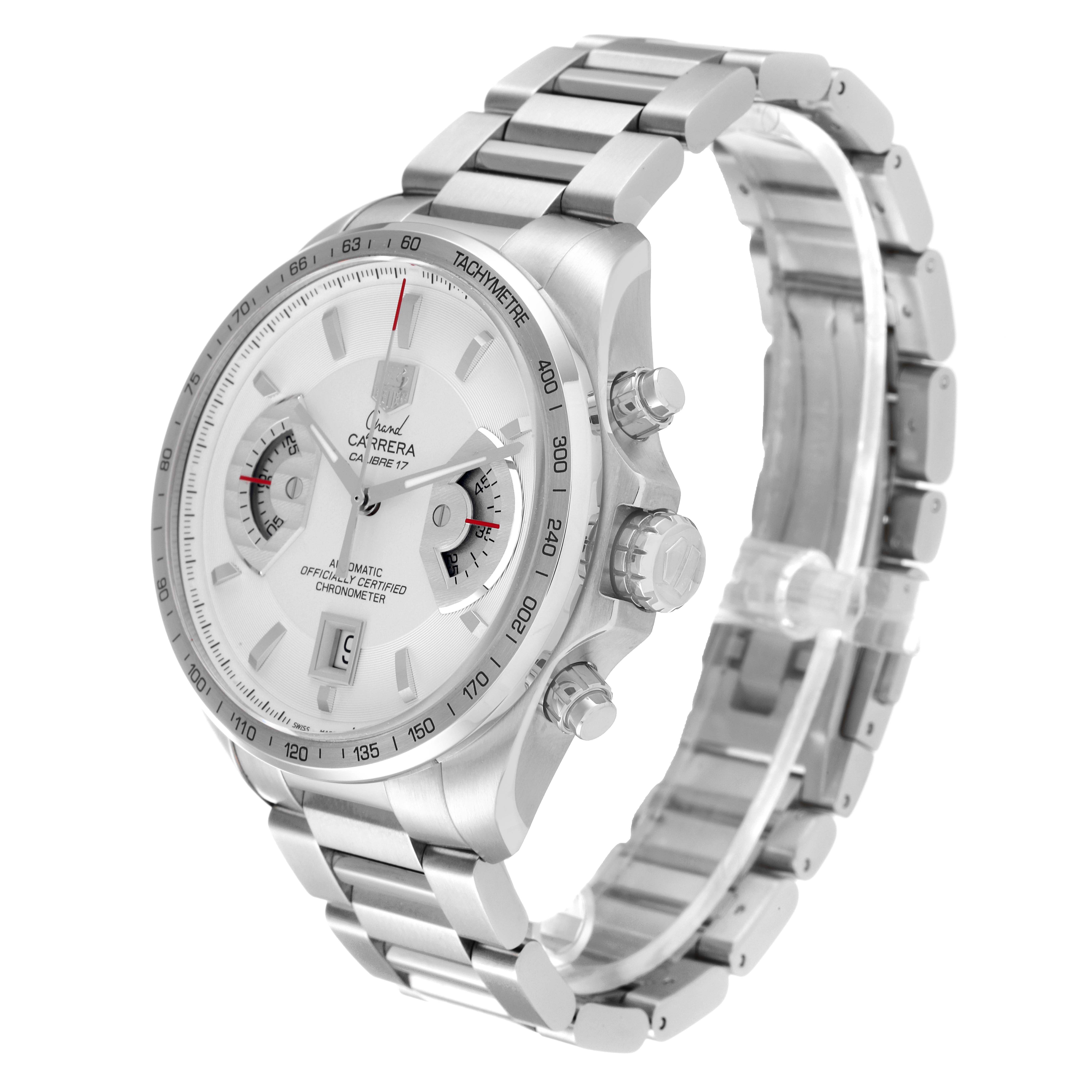 The image shows a Tag Heuer Carrera CAV511B.BA0902 Men's Stainless Steel Silver Dial CAV511B.BA0902 Men's Stainless Steel Silver Dial watch angled from the front-left, displaying the dial, bezel, pushers, and metal bracelet.
