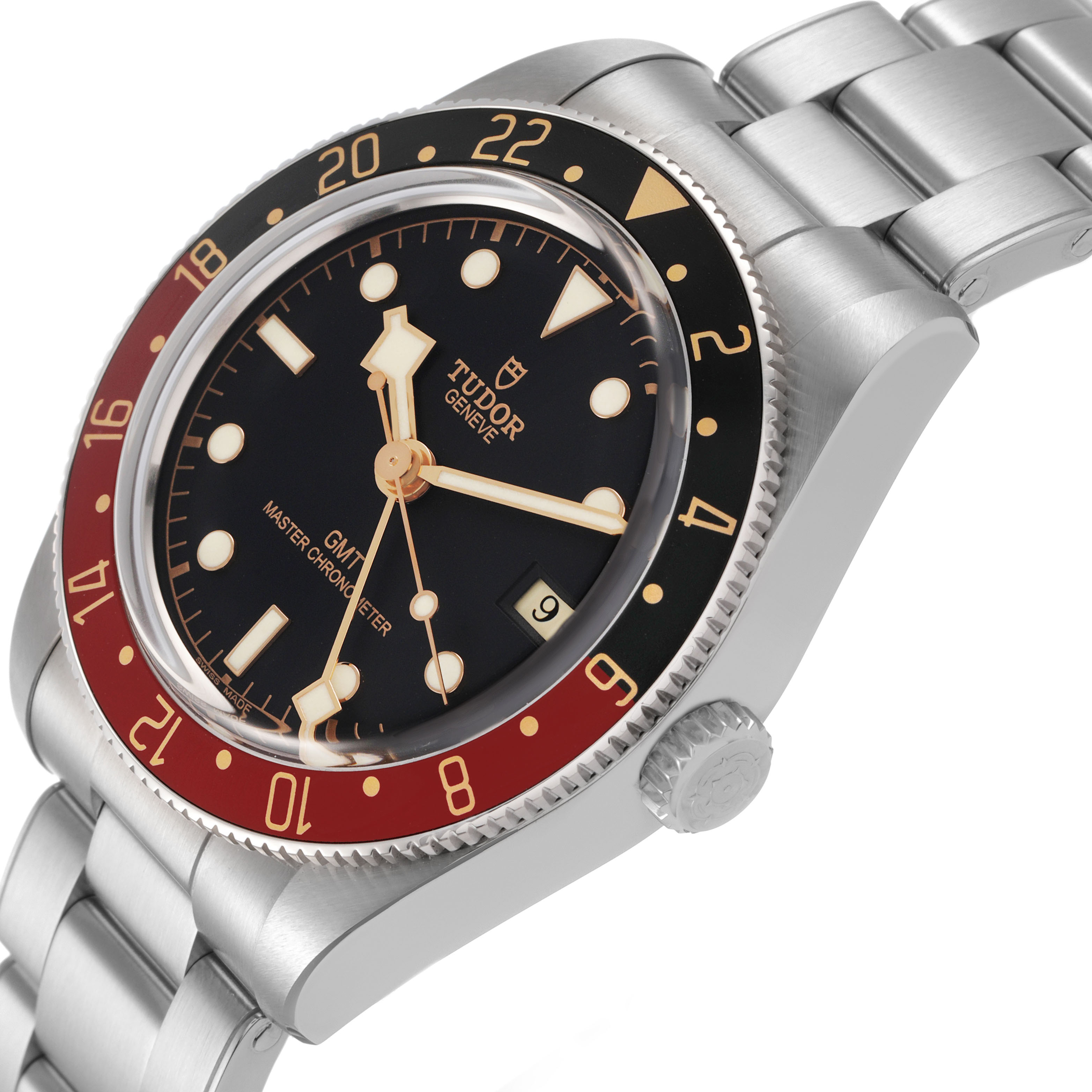 The Tudor Heritage Black Bay 7939G Men's Stainless Steel Black Dial GMT watch is shown at an angle highlighting the dial, bezel, crown, and part of the bracelet.