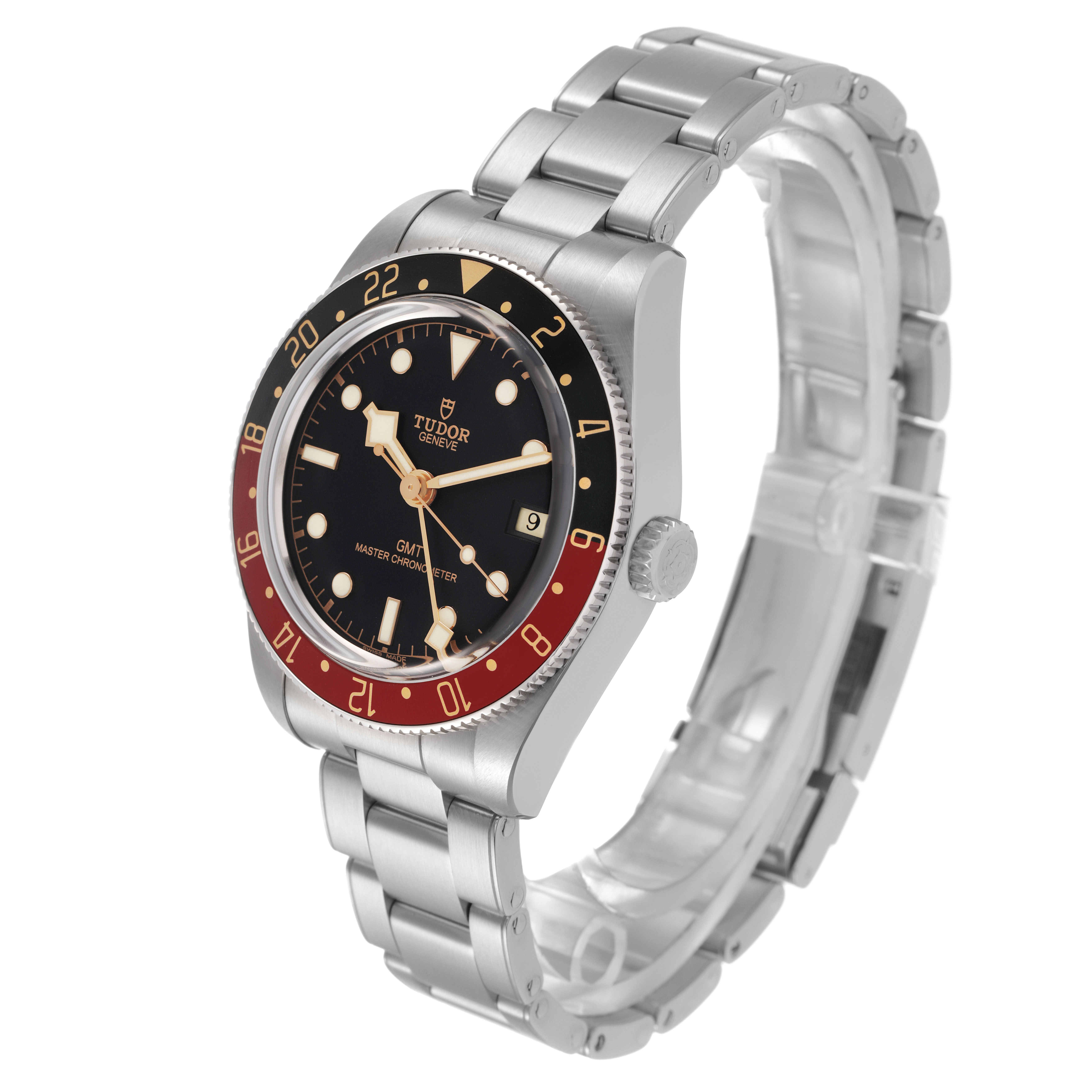 The Tudor Heritage Black Bay 7939G Men's Stainless Steel Black Dial watch is shown at a slight angle displaying the face, bezel, and stainless steel bracelet.