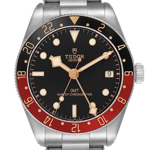 The Tudor Heritage Black Bay 7939G Men's Stainless Steel Black Dial watch is shown from the front, displaying the dial, bezel, and part of the bracelet.