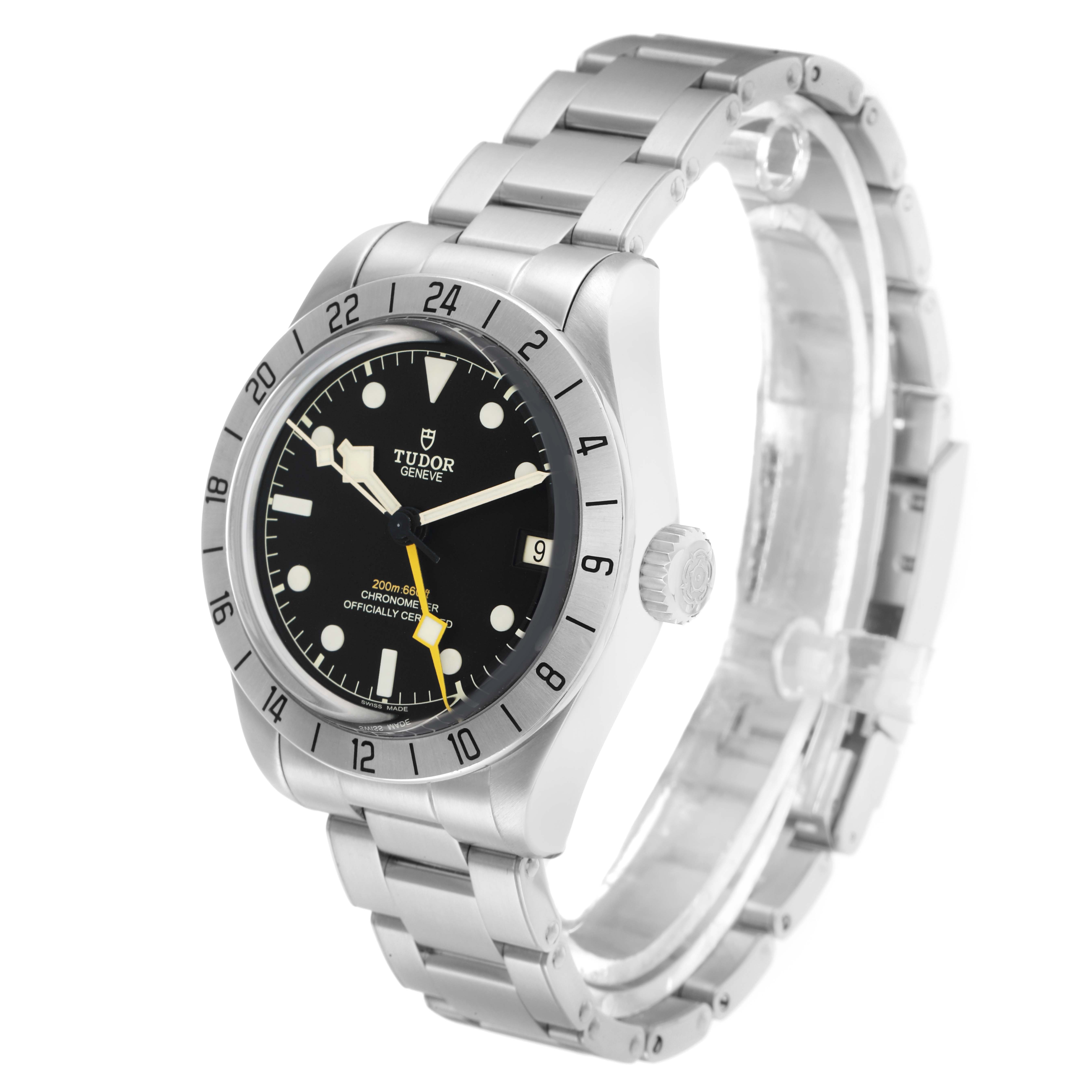 The Tudor Heritage Black Bay 79470 Men
s Stainless Steel Black Dial watch is shown at a slight angle, highlighting its bezel, dial, crown, and bracelet.