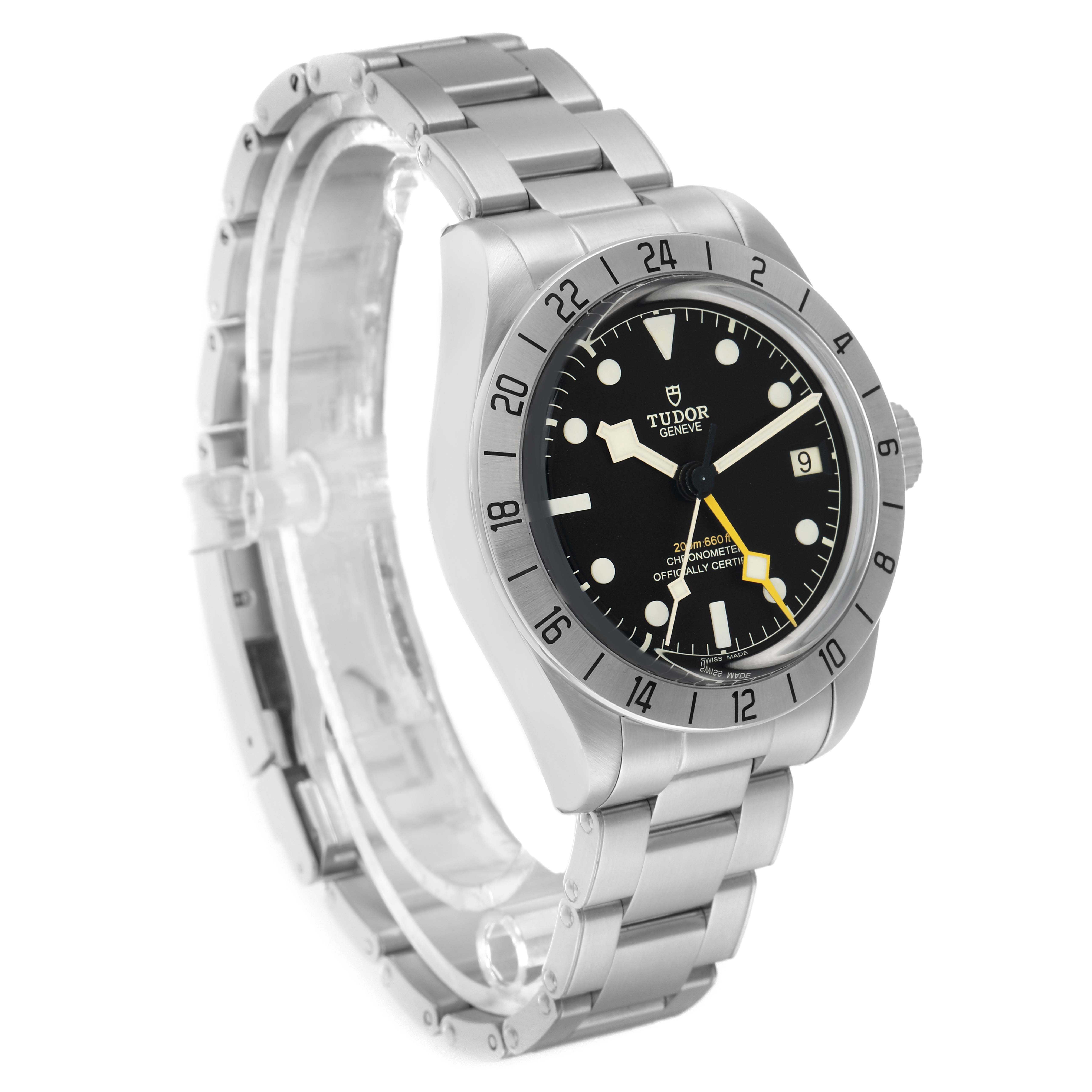 The Tudor Heritage Black Bay 79470 Men
s Stainless Steel Black Dial watch is shown from the front-left angle, highlighting its bezel, dial, and bracelet.